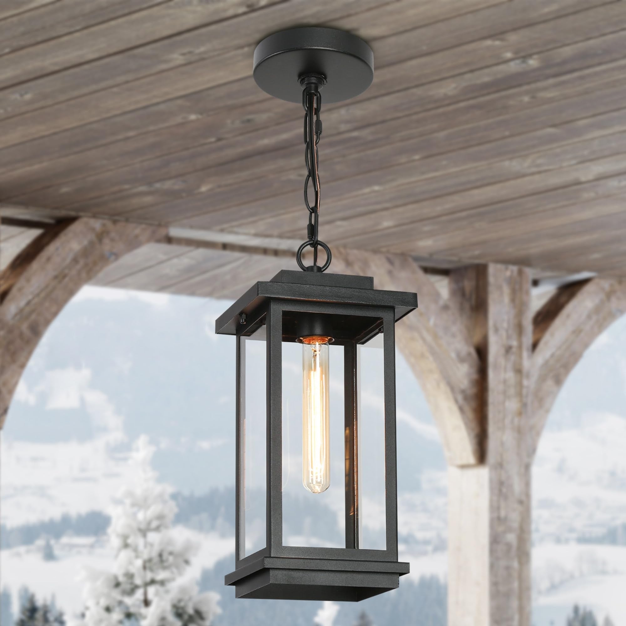 Outdoor Pendant Light Fixture, Black Farmhouse Outdoor Pendant Lights for Porch with Clear Glass, Modern Rectangular Exterior Hanging Lantern Light Fixtures