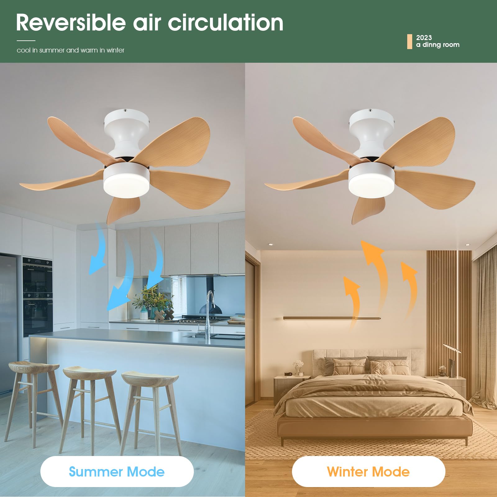 Ceiling Fans with Lights and Remote/APP Control, 30 inch Low Profile Ceiling Fans with 5 Reversible Blades 3 Colors Dimmable 6 Speeds Ceiling Fan for Bedroom Kitchen Dining Room, White