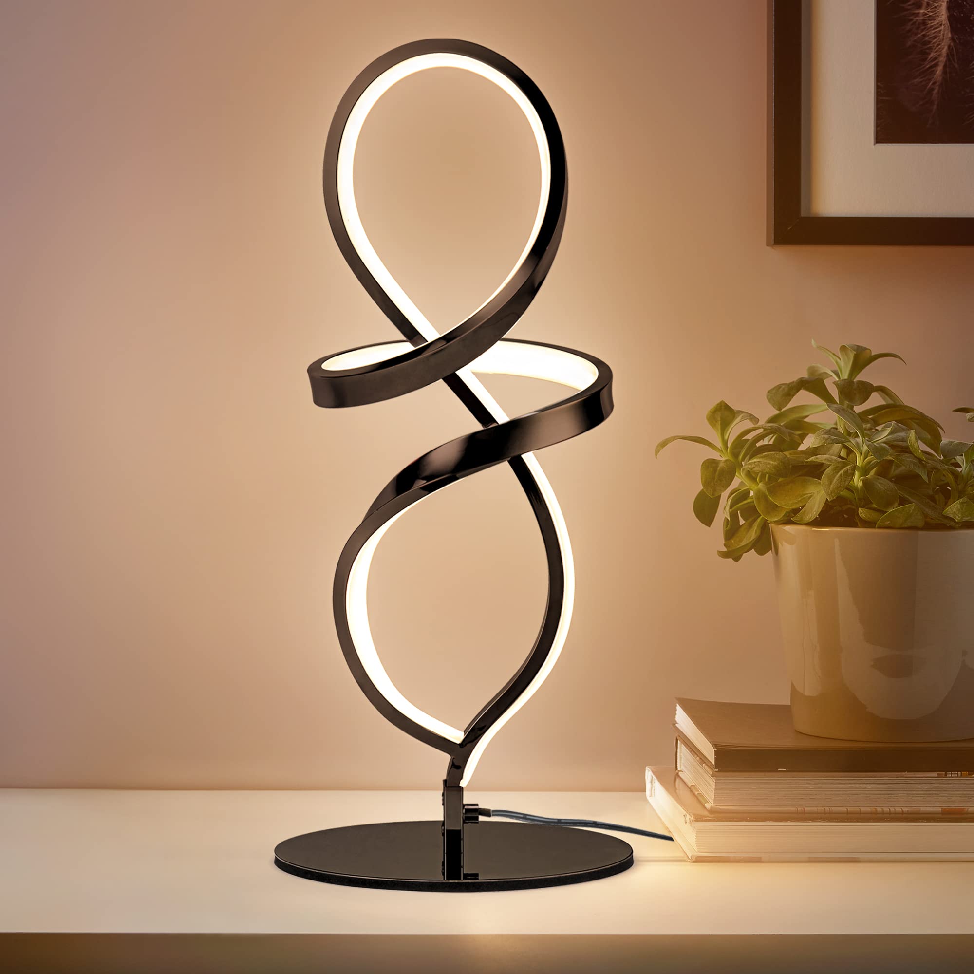 Modern Table Lamp, LED Spiral Lamp, Black Bedside Lamp with Stepless Dimming Switch, Contemporary Nightstand Lamp, LED Lamp for Bedroom Living Room Home Office, 12W, 3200K Warm White