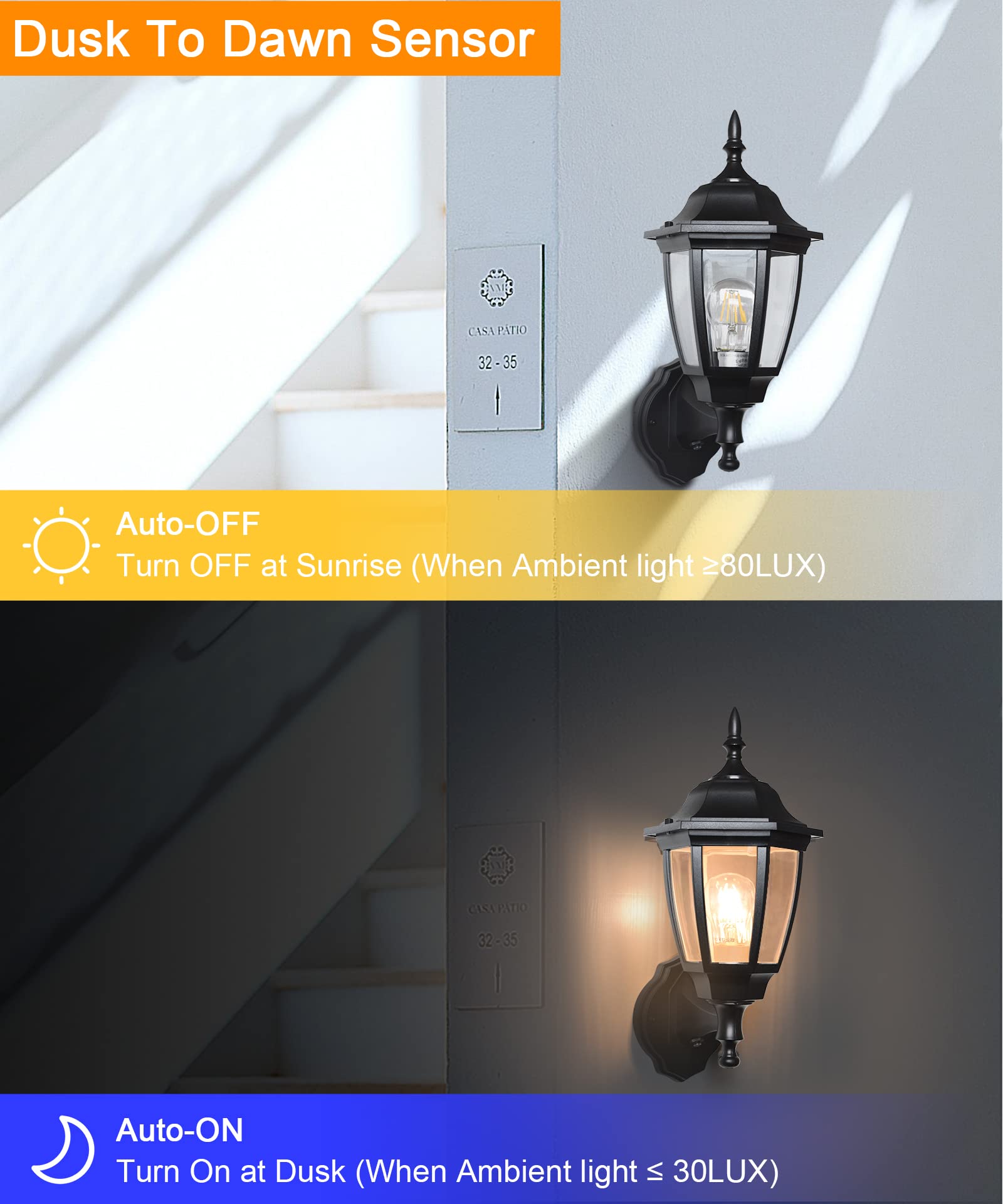 Outdoor Wall Light Dusk to Dawn, Porch Sensor Light White Plastic Anti-Corrosion with LED Edison Filament Bulb, Exterior Mount Lantern for House, Garage (1-Pack), FDS2542PS-W