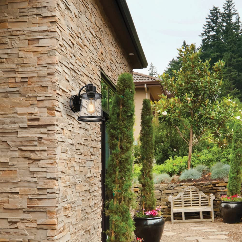 Charlie 1-Light Outdoor Indoor Wall Sconce, LED Bulb Included, Oil Rubbed Bronze, Clear Seeded Glass Shade, 500 Lumen