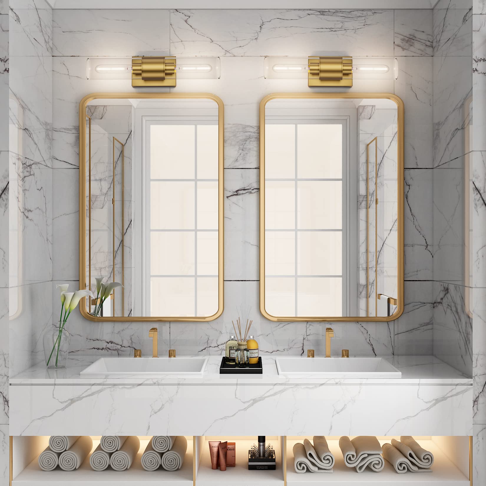 Bathroom Vanity Light Fixtures,Indoor Gold Wall Lights with Clear Glass,Modern Wall Sconces Up and Down Wall Mount Lamp for Bathroom,Bedroom,Hallway,Kitchen(Bulb not Include)