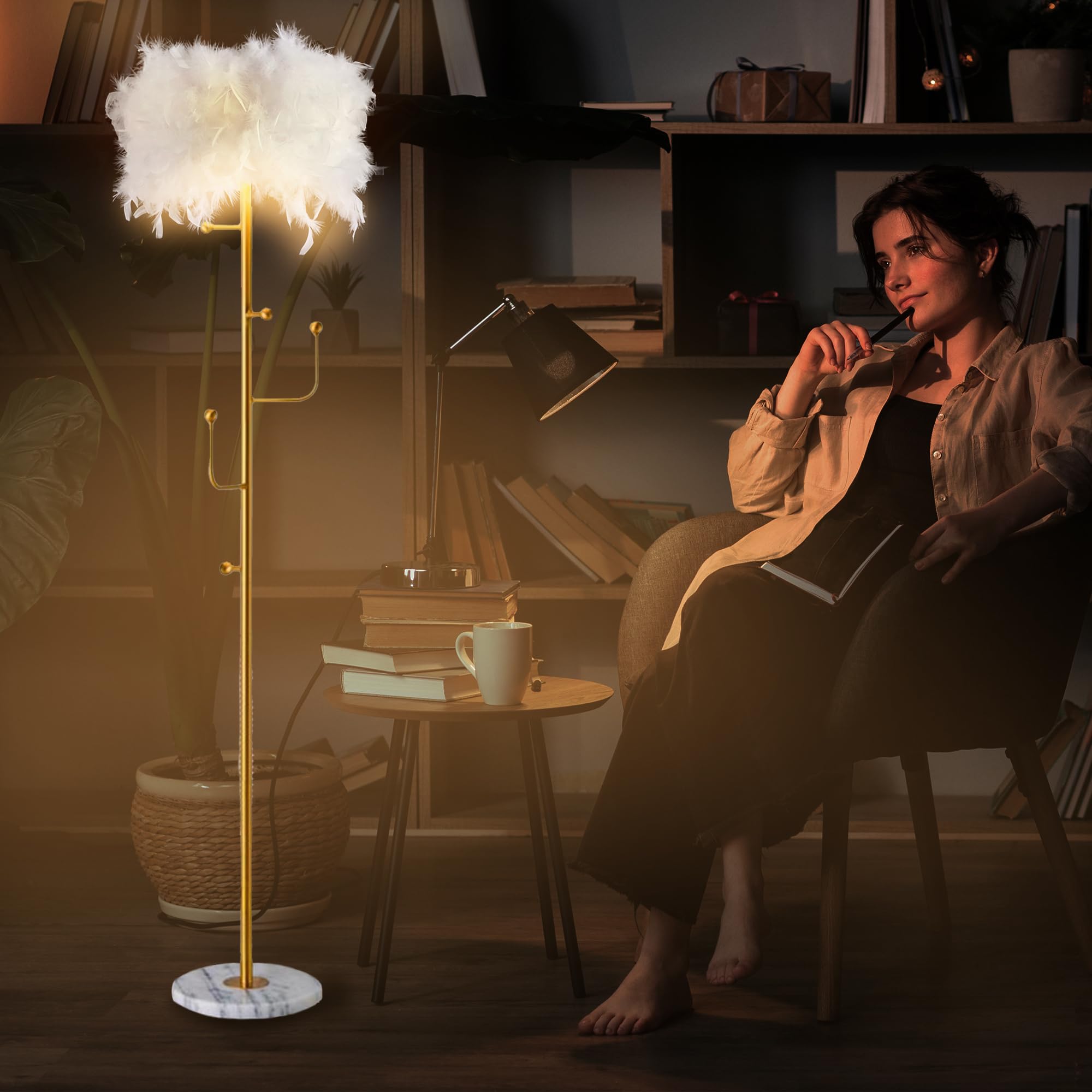 Floor Lamp White Natural Ostrich Unique Bedside Floor Lamps with Foot Switch Modern Gold Luxury LED Bulbs Resin Standing Light for Bedrooms Dining Room Living Room Kitchen 35 Pieces