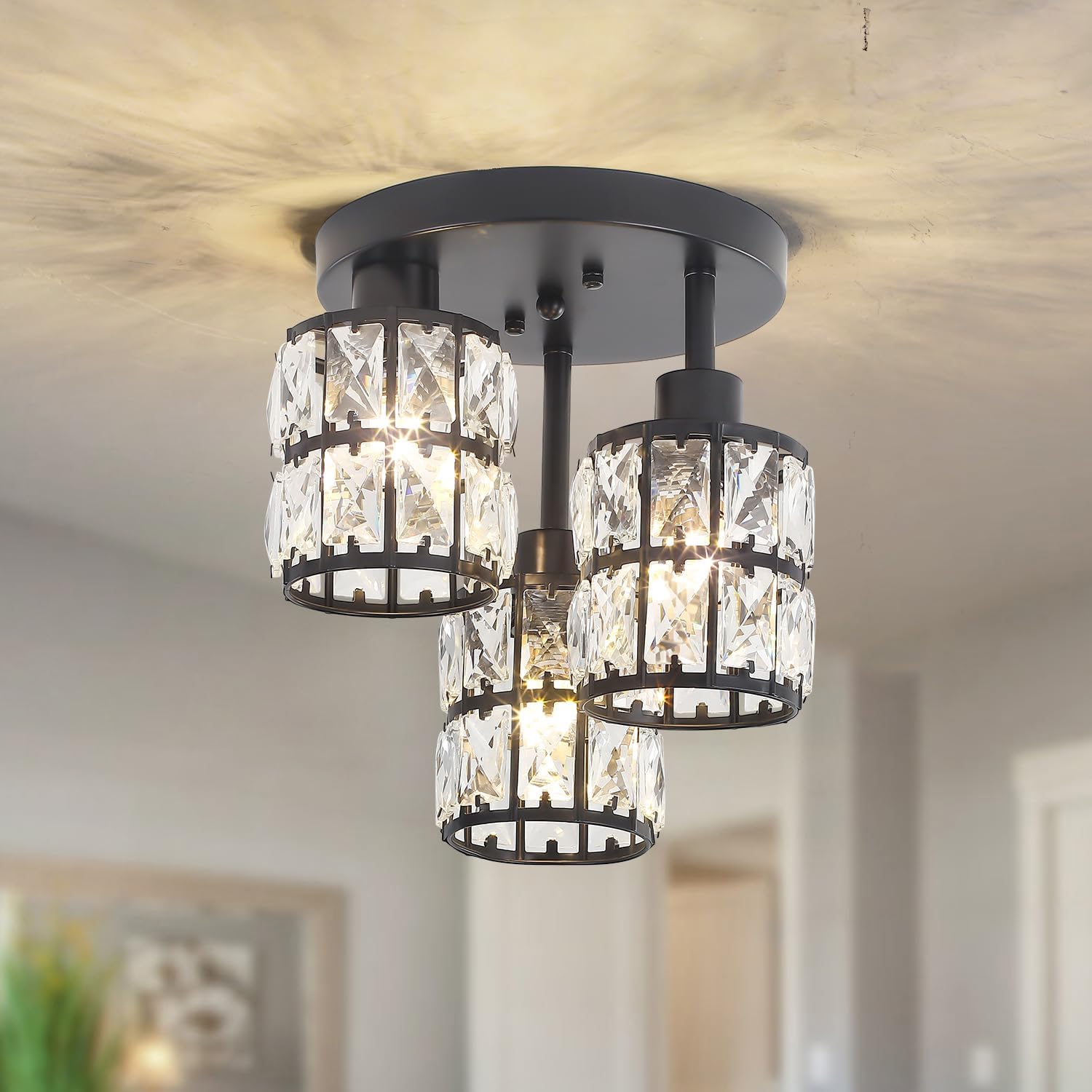 Crystal Semi Flush Mount Ceiling Light, 3-Light Close to Ceiling Light Fixture Black Small Crystal Ceiling Lighting Modern Crystal Chandeliers for Kitchen Dining Room Entryway Bedroom Hallway