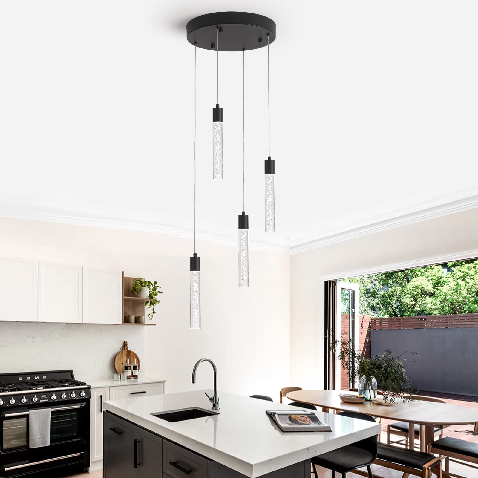 Modern Pendant Lighting 5-Light Linear Chandeliers Dimmable LED Pendant Lights Kitchen Island Lighting with Matte Black Finish and Acrylic Shades for Kitchen Island and Dining Room…