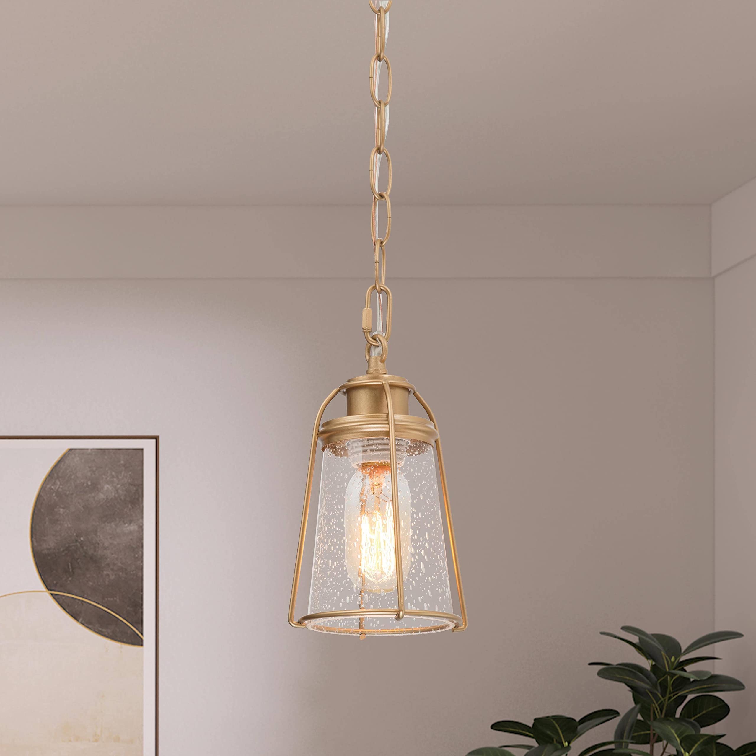 Pendant Light Kicthen Island, 1 Light Gold Pendant Hanging Light Fixtures, Modern Adjustable Pendant Light with Seeded Glass Shade