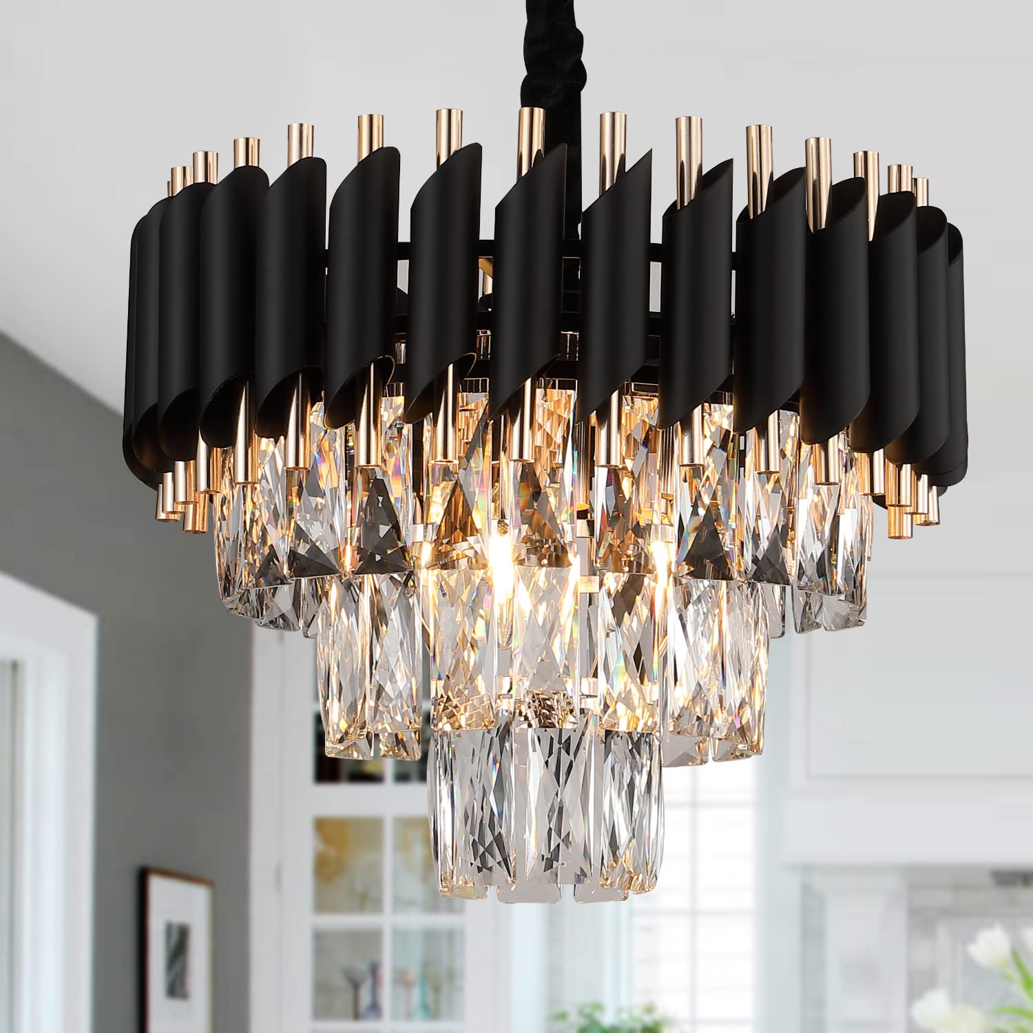 Modern Crystal Chandeliers 3 Tiers Black and Gold Pendant Light Fixtures 16” Round Flush Mount Chandeliers Ceiling Lighting Dimmable for Living Room Dining Room Foyer Bedroom Kitchen