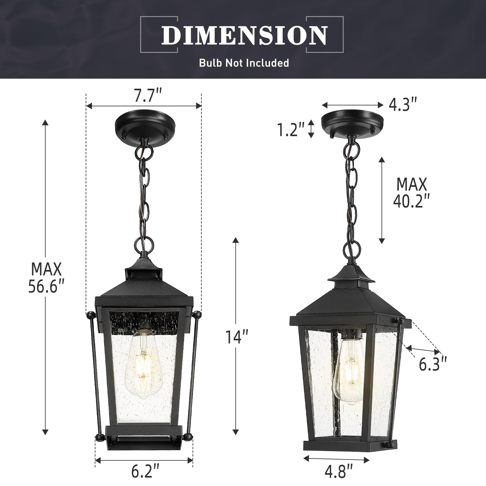 20 Inch Outdoor Pendant Lights for Porch, Modern Outdoor Hanging Porch Light, Die-Cast Aluminum with Seeded Glass, Black Finish, ZW105H-M BK