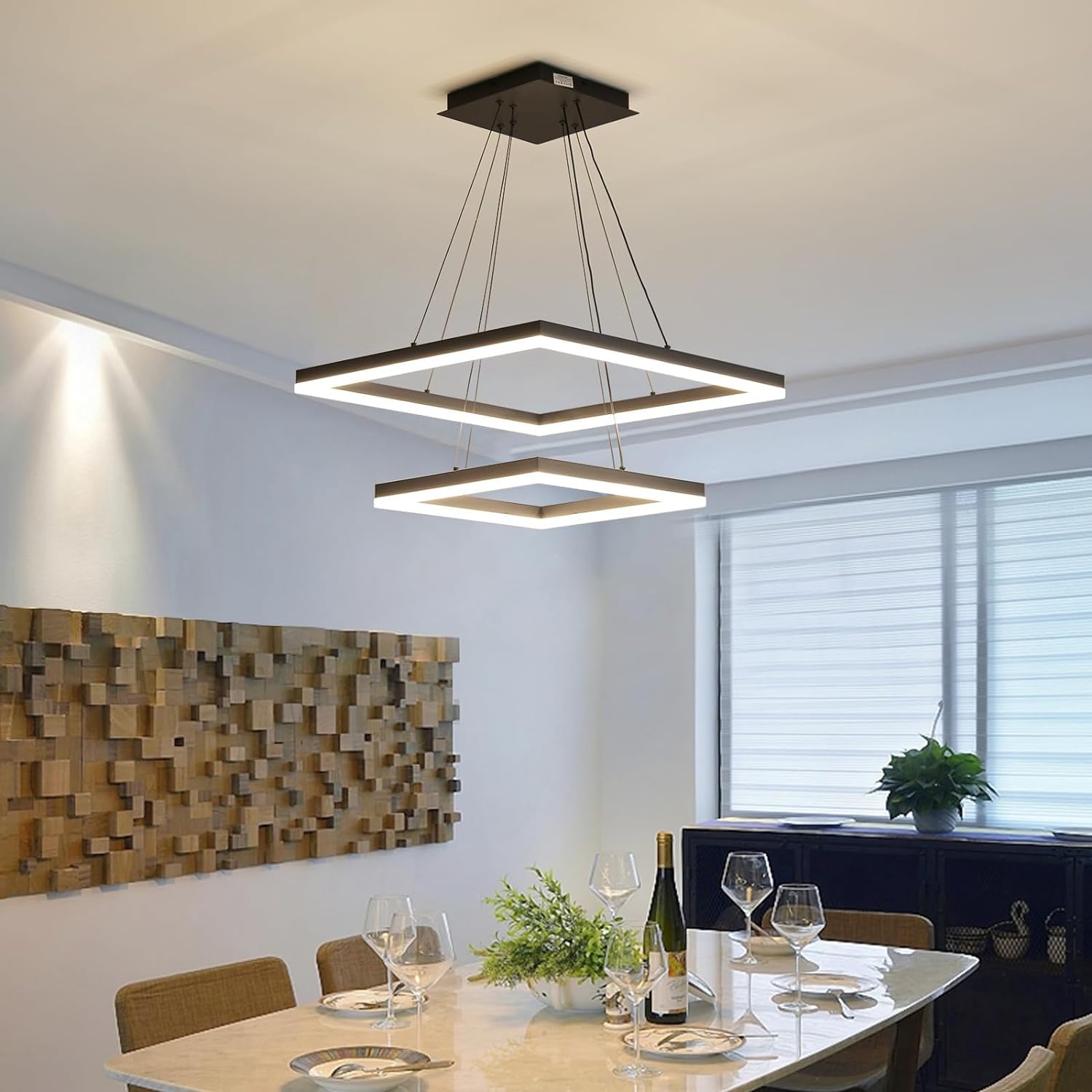 Modern LED Chandelier, Double Rectangles Ceiling Pendant Lights, LED Island Lights Dimmable Chandeliers for Dining Room Living Room Bedrooms, Black (40CM/60CM)