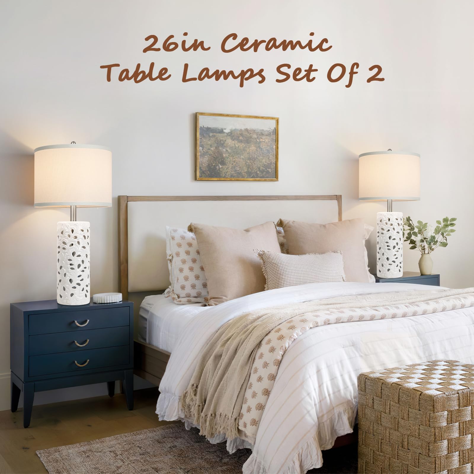 2-Light Farmhouse Rustic Touch Table Lamps Grey, 3-Way Dimmable Bedside Lamps with 2 USB Ports for Bedroom, End Table Lamps for Living Room with Gray Shades, 4 LED Bulbs Included, Set of 2