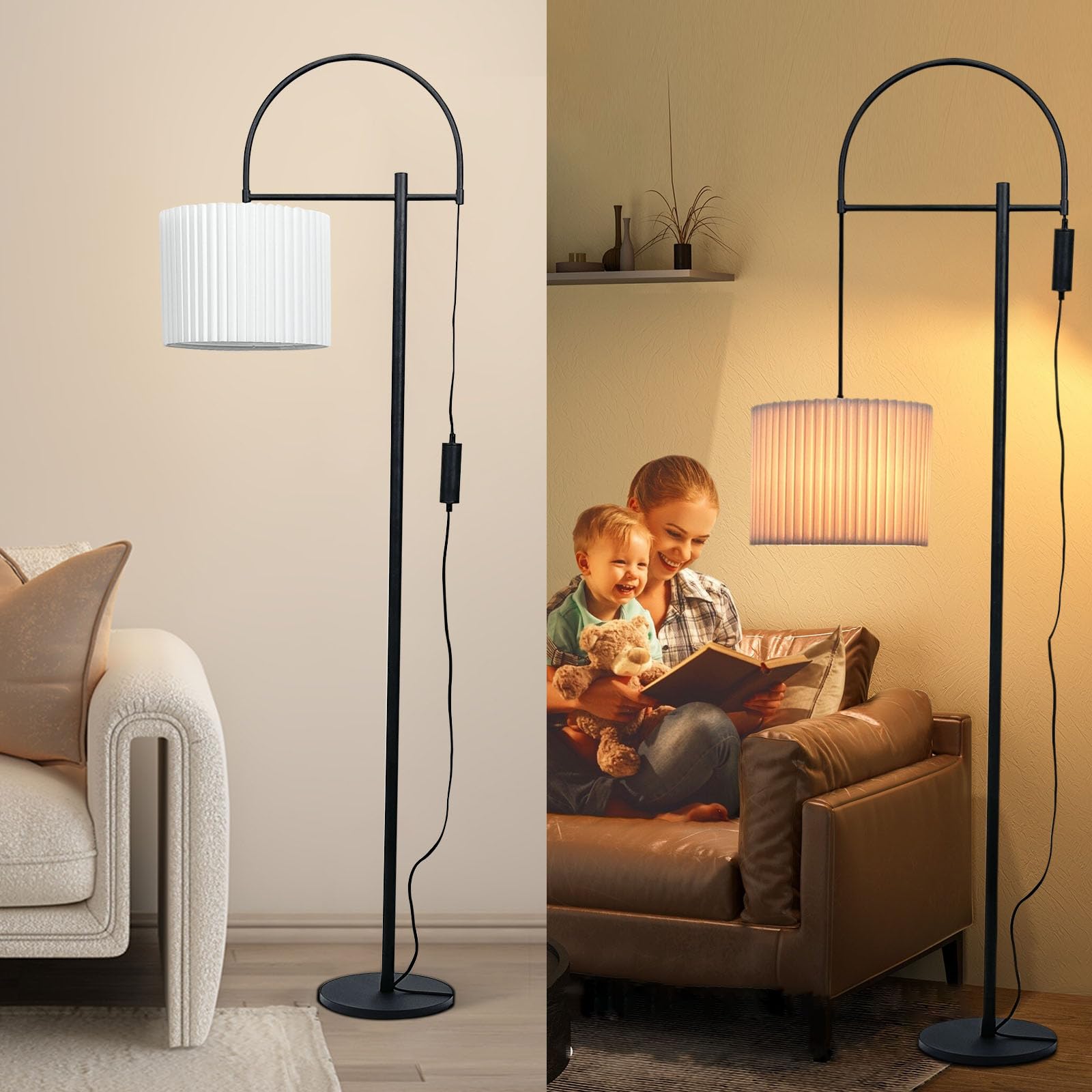 66''Floor Lamp,9W LED Edison Bulbs Included Nordic Design Standing Lamp with Foot Switch with Pleated Shade, Tall Floor Lamp Reading for Living Room Bedroom Office Classroom Dorm Room