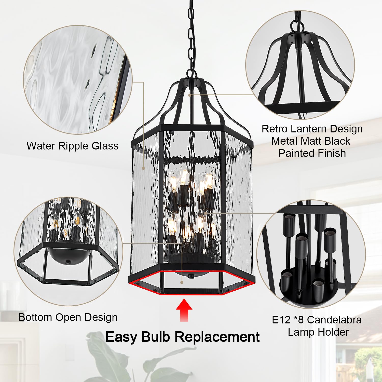 8" Modern 3-Light Exterior Black Lantern Pendant Light Fixture with Clear Rippled Glass Mini Industrial Hanging Cage Chandelier for Outdoor Kitchen Dining Room Hallway Entryway Foyer Porch