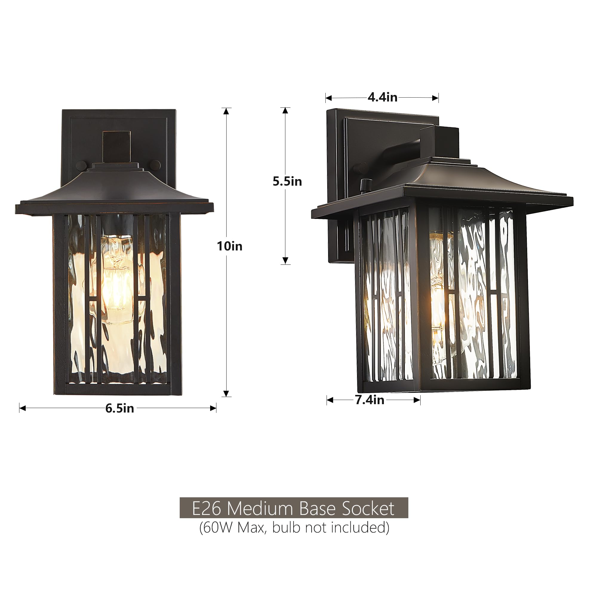 Outdoor Wall Lights Exterior, Front Porch Lights, Wall Sconce Wall Mount, Waterproof Wall Lantern with Water Ripple Glass, Oil Rubbed Bronze Light Fixtures for House, Garage, Patio, 2-Pack