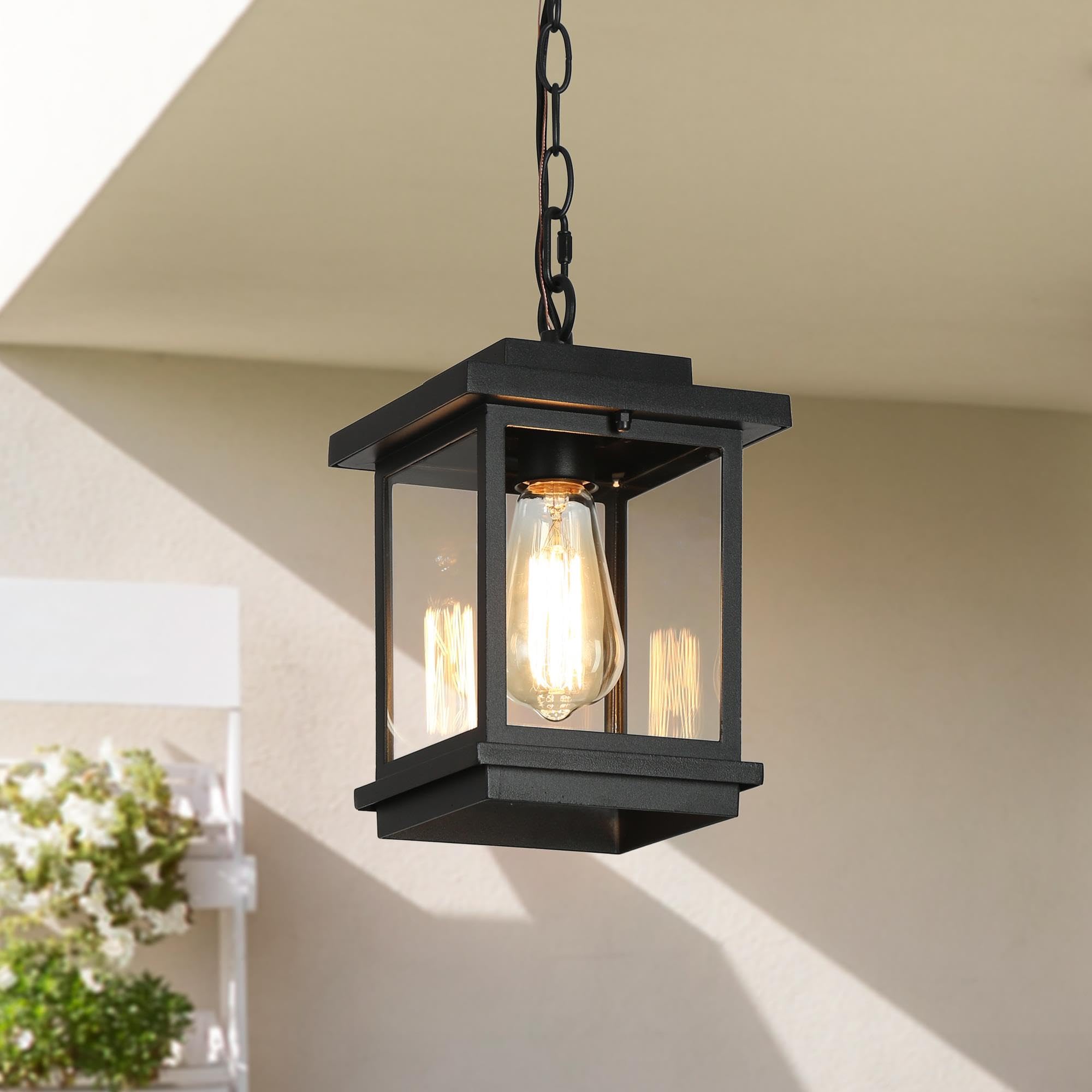 Outdoor Pendant Light Fixture, Black Farmhouse Outdoor Pendant Lights for Porch with Clear Glass, Modern Rectangular Exterior Hanging Lantern Light Fixtures