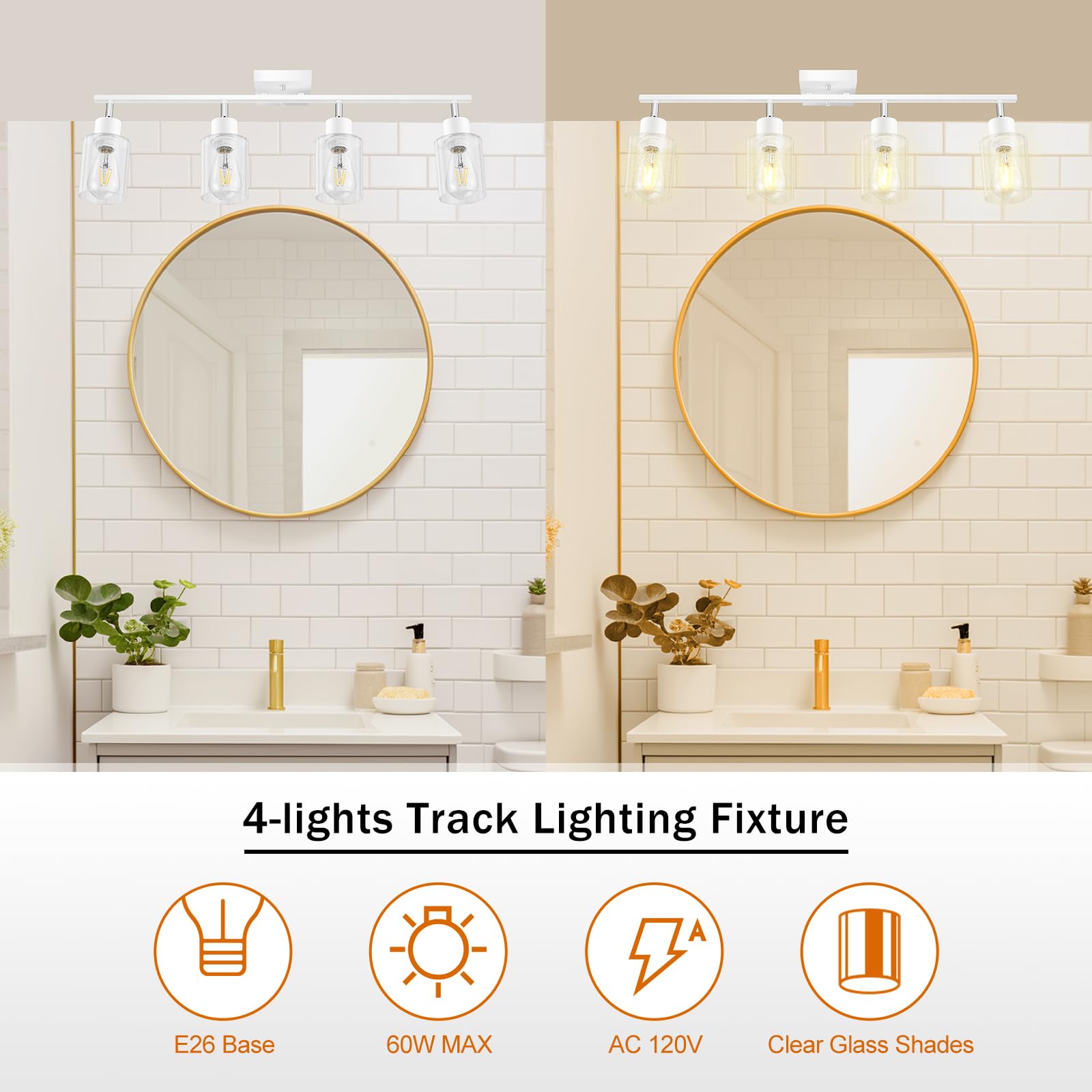 LED 4 Light Track Lighting Kit, 4 Way Ceiling Spot Lighting with Glass Lampshade, Flexibly Rotatable Light Head for Kitchen, Living Room, Bedroom, Bulb Not Included