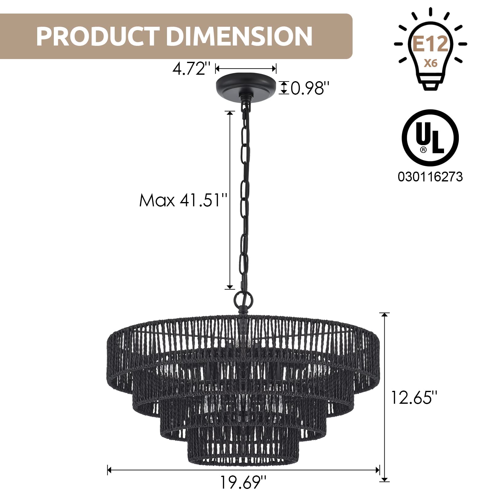 6-Lights Hand-Woven Rattan Pendant Light 4 Round Transitional Minimalist Boho Large Pendant Light for Kitchen Island Dining Room Living Room Hallway, Dia 20 Inch, UL Listed