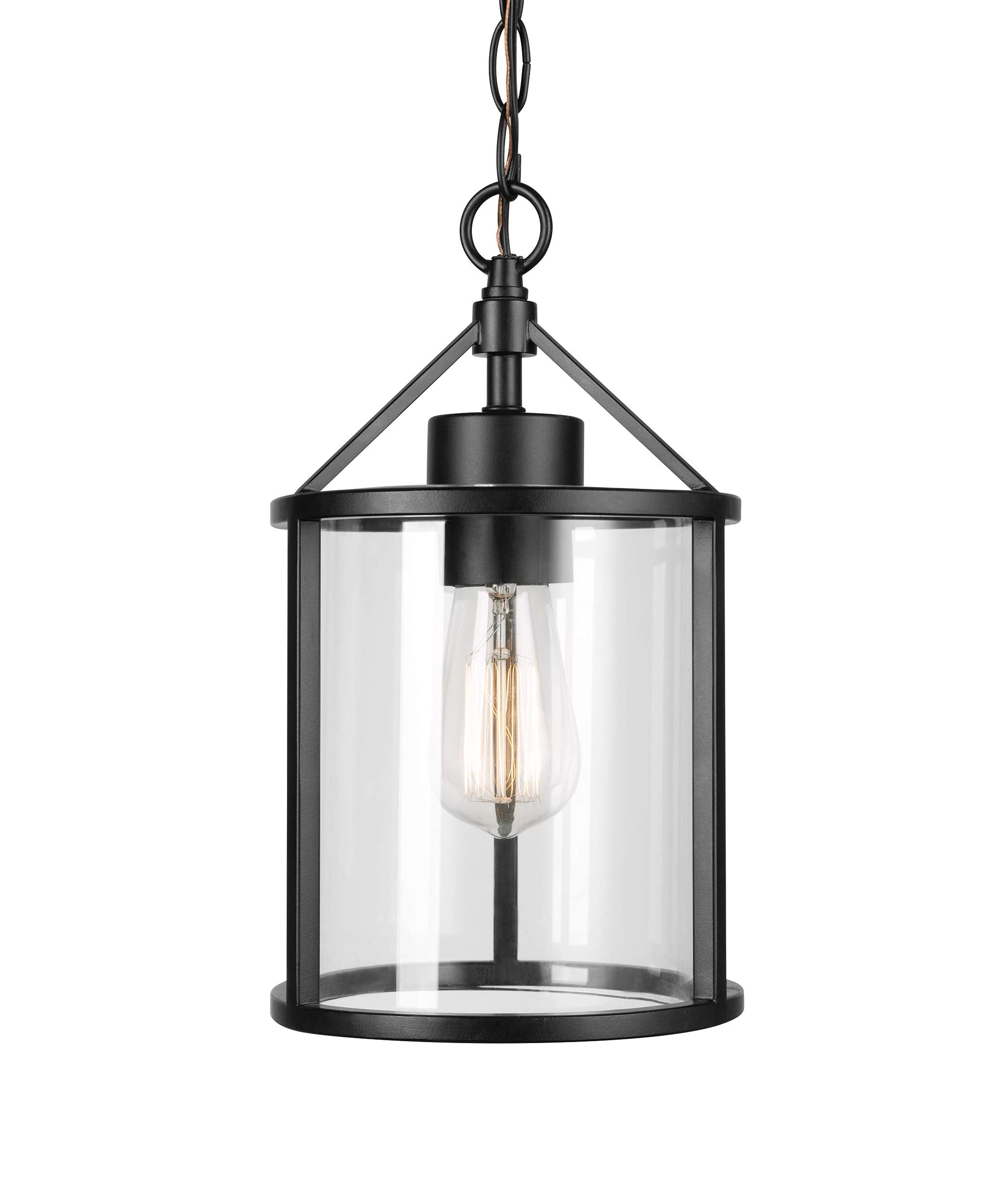 1-Light Outdoor Pendant, Matte Black, Clear Glass Shade, E26 Base Socket, Kitchen Island, Café, Ceiling Hanging Light Fixture, Modern, Vintage, Porch Light, Bulb Not Included