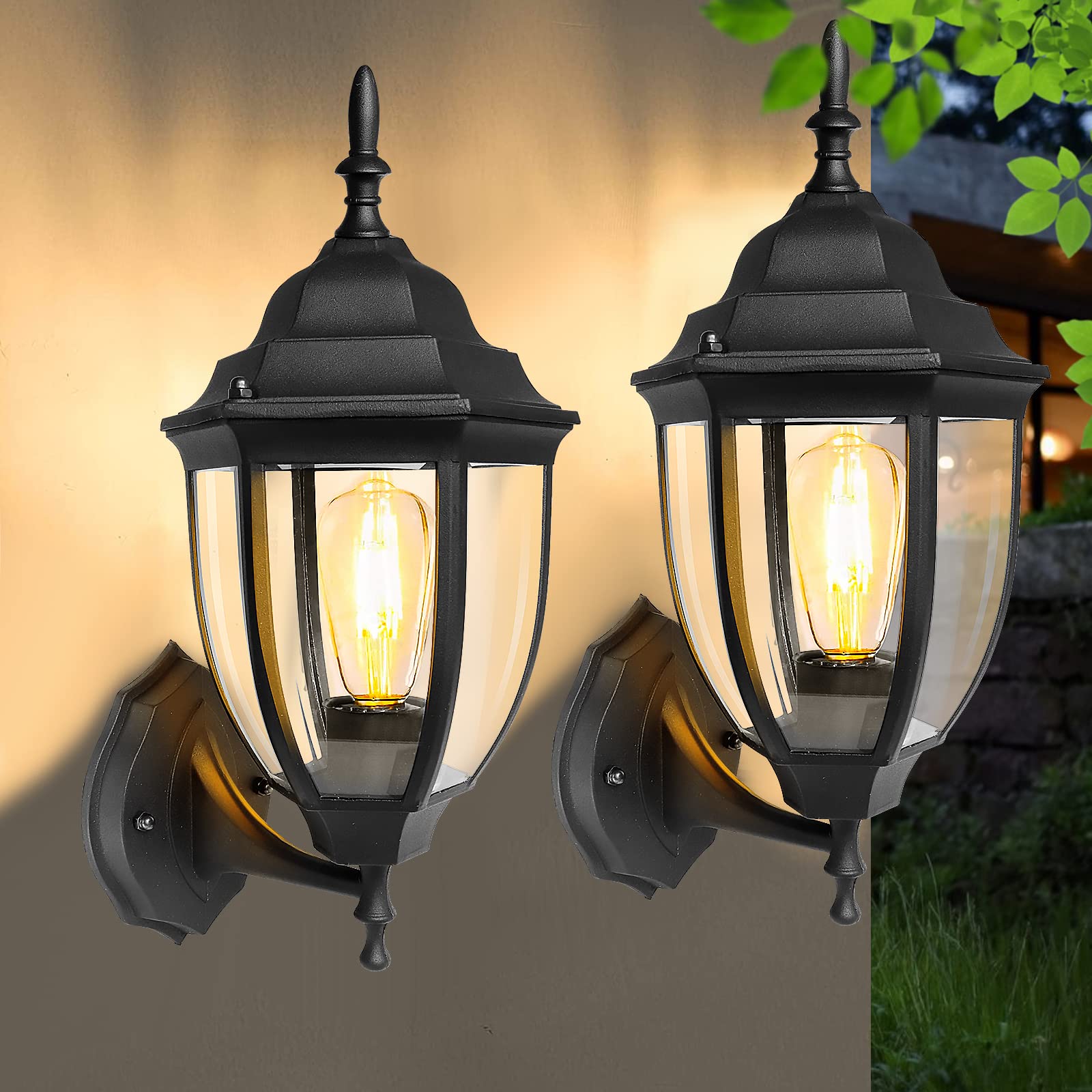 Outdoor Wall Light Aluminum Waterproof Outdoor Wall Lamps Outdoor Porch Light E26 Exterior with Clear Glass Fixtures Exterior Porch Lights Outdoor Wall Lamp Porch Lights for Garage Patio (2 Pack)