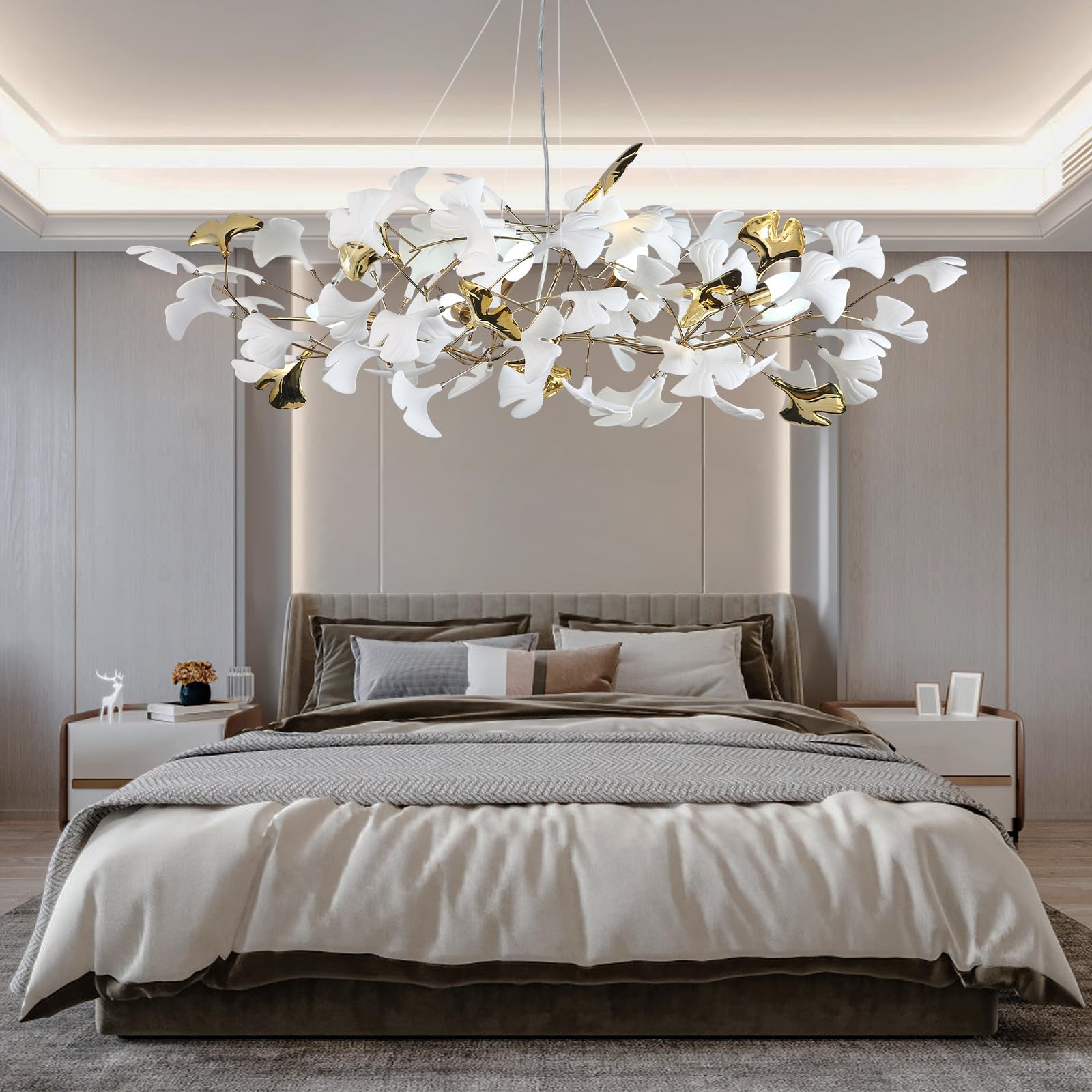 59 Inch White Rectangle Chandelier Ceramic Ginkgo Leaf Chandeliers Brass Large Chandeliers Modern Art Deco Chandelier for Dining Room Living Room,10-Light