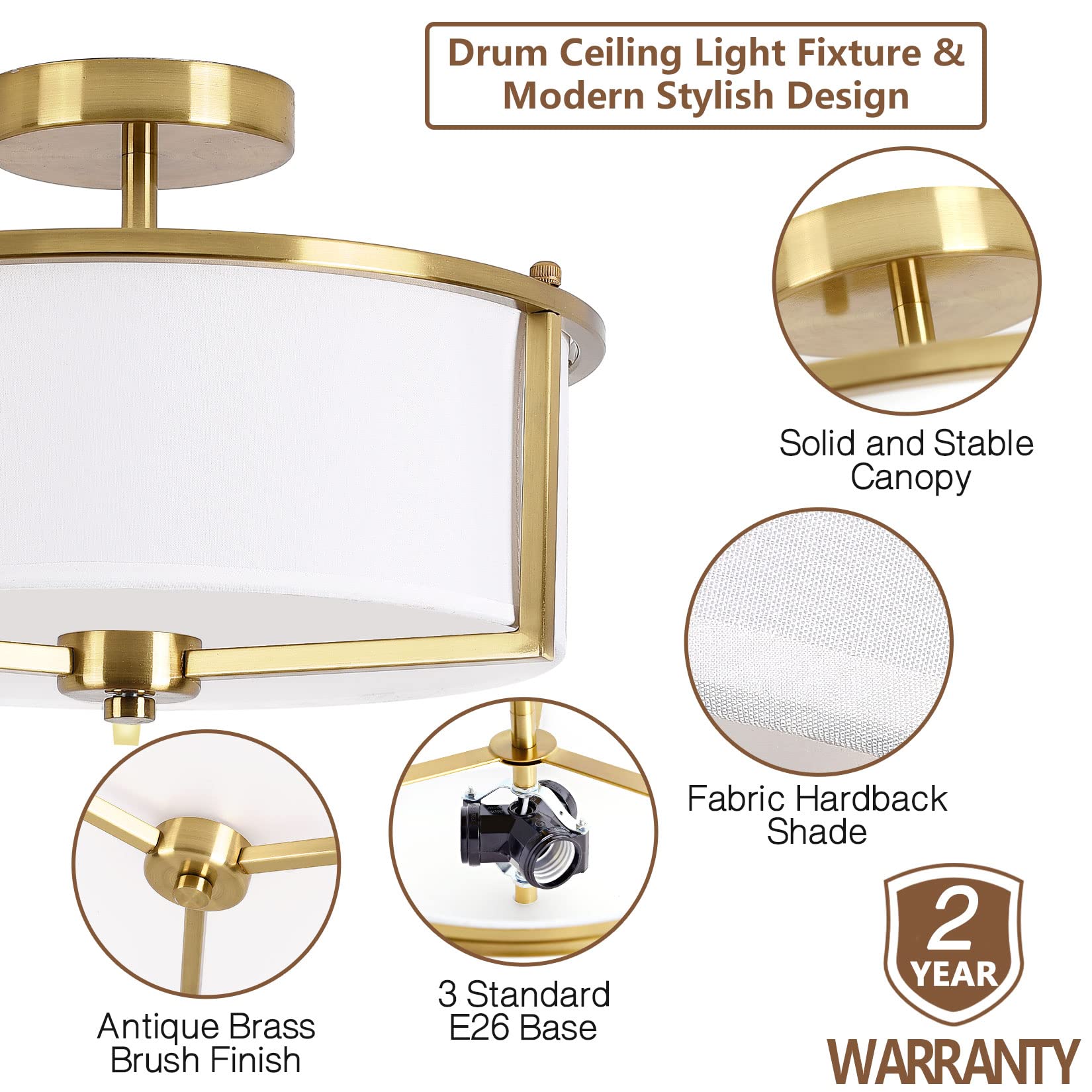 Flush Mount Ceiling Light,13 inch Mid Century Modern Ceiling Light Fixture,Antique Brass with Fabric Shade,3-Light Drum Light Fixture for Bedroom,Dinning Room,Foyer and Kitchen