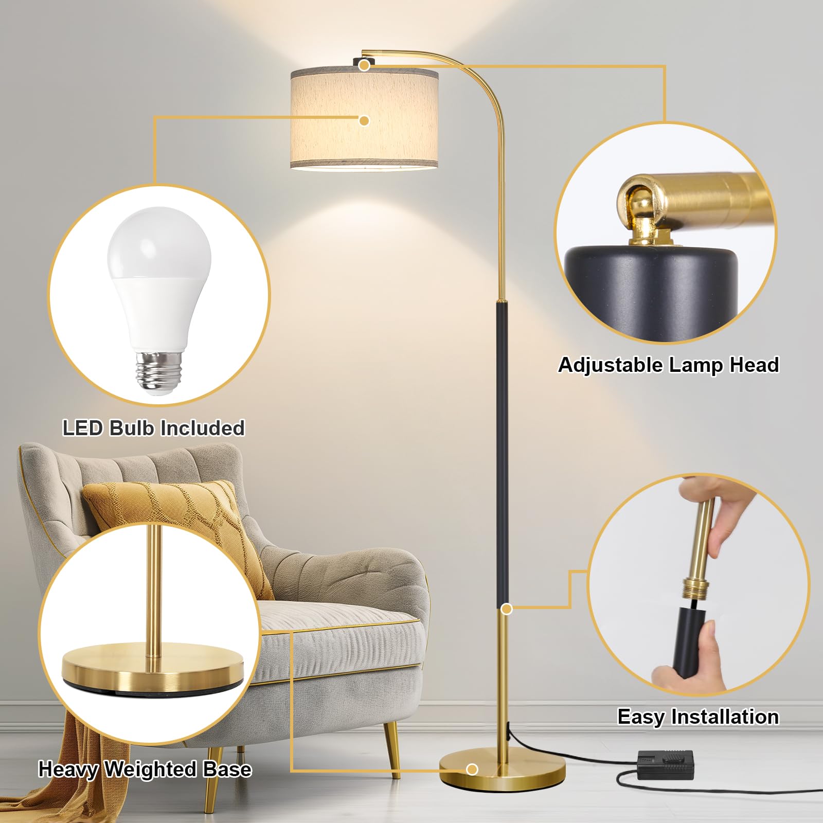 LED Floor Lamp Fully Dimmable Modern Standing Lamp Arc Floor Lamp with Adjustable Drum Shade, Gold Tall Pole Reading Lamp Corner Light for Living Room Bedroom Study Room, Bulb Included