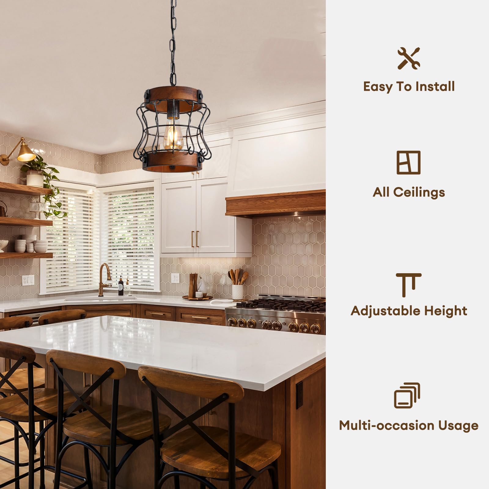 Rustic Chandelier, Modern Farmhouse Chandeliers for Dining Room, Wood Lantern Pendant Lights for Kitchen Island Foyer Hallway Bar, 1-Light Antique Light Fixtures for All Ceilings D 7.5" x H 8.8"