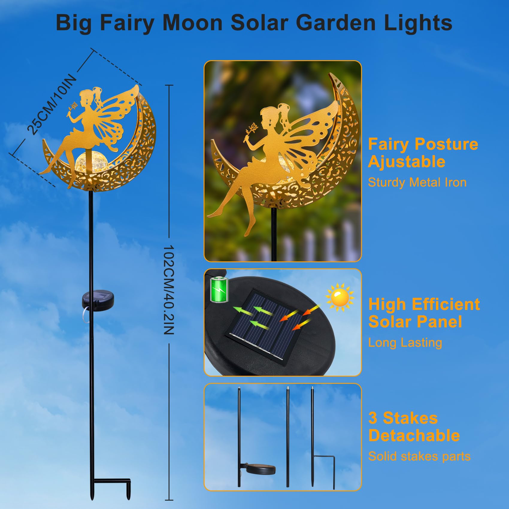 Moon Solar Garden Lights Outdoor Decor Stakes, Waterproof Crackle Glass Metal Lights for Lawn, Patio Accessory, Backyard Decorations Garden Birthday Gifts Mom Grandma (Bronze)