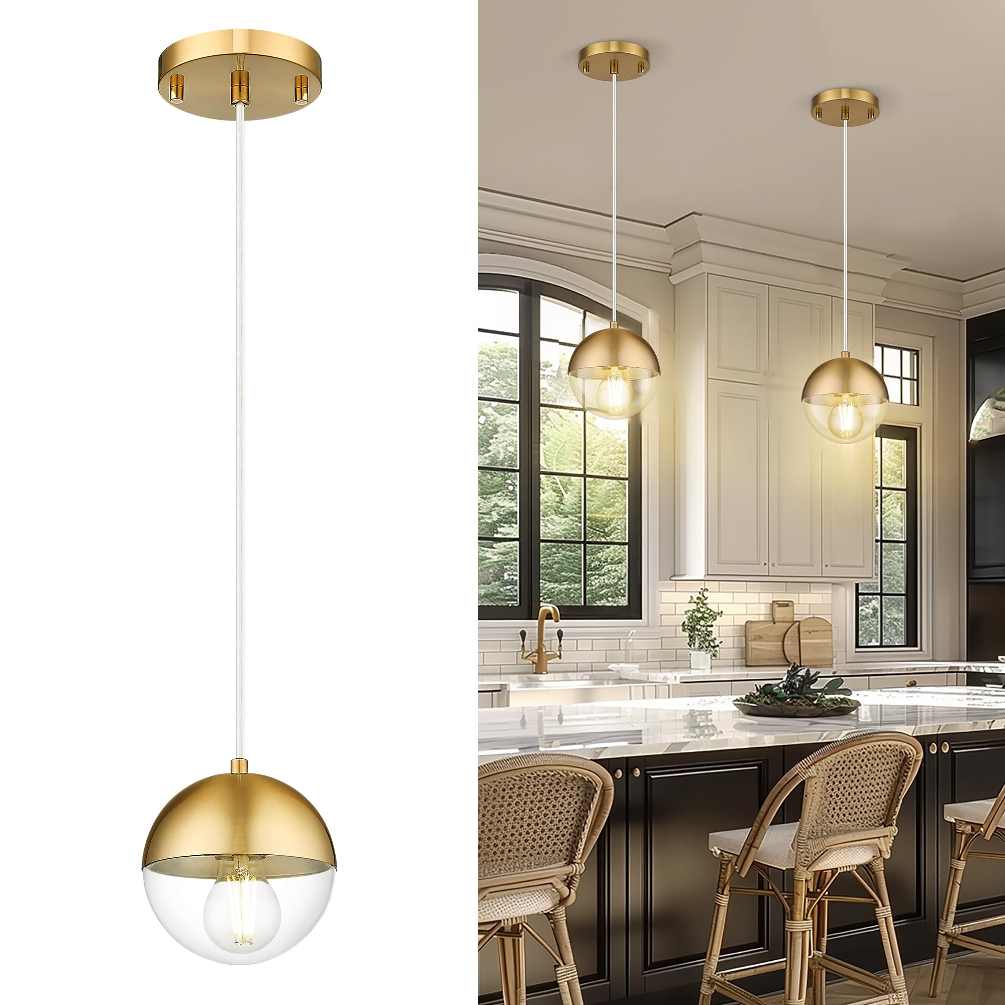 Modern Pendant Lighting Gold Globe Pendant Light Fixture, Mid Century Chandelier One Light Hanging Fixture for Kitchen Island, Adjustable Indoor Lighting for Dinning Room Bedroom, LMS-187