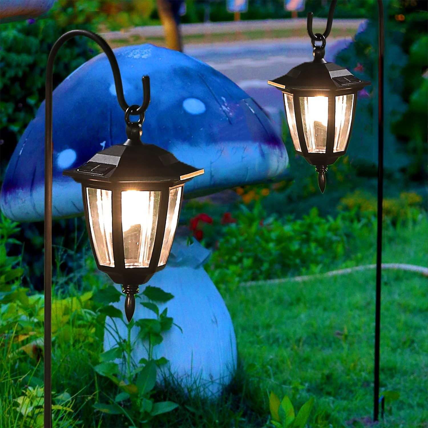 4 Pack Solar Hanging Lights Outdoor, Solar Powered Garden Decorative Lanterns with 4 x 38 Inch Shepherd Hooks, Waterproof Landscape Lighting for Lawn Patio Yard Pathway Driveway, Warm White