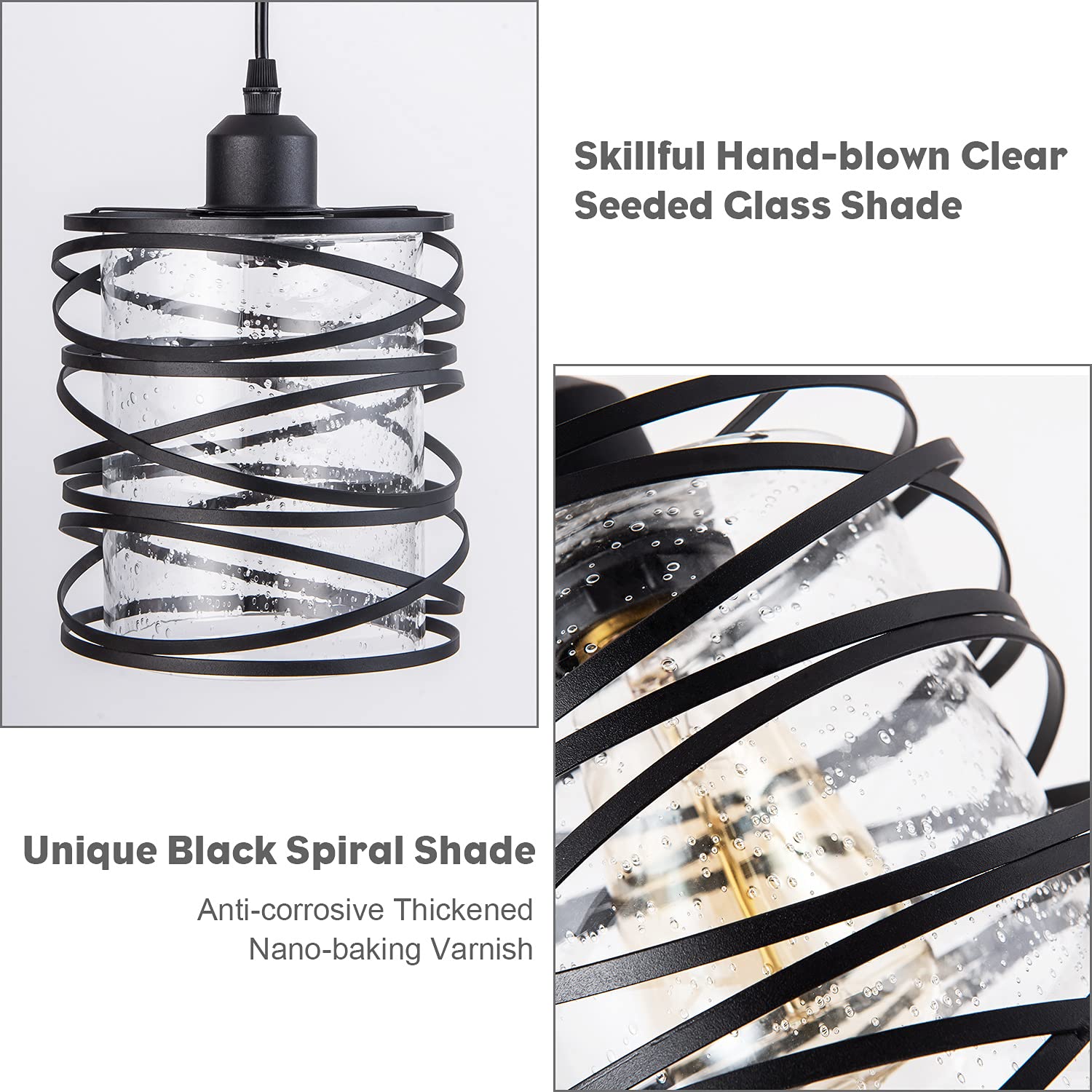 Modern Mini Pendant Light Fixture Kitchen Island Pendant Lighting 6.30''Matte Black Spiral Cage Handblown Clear Seeded Glass Shade Hanging Lamp Adjustable Cord for Dining Room 1-Pack,E26