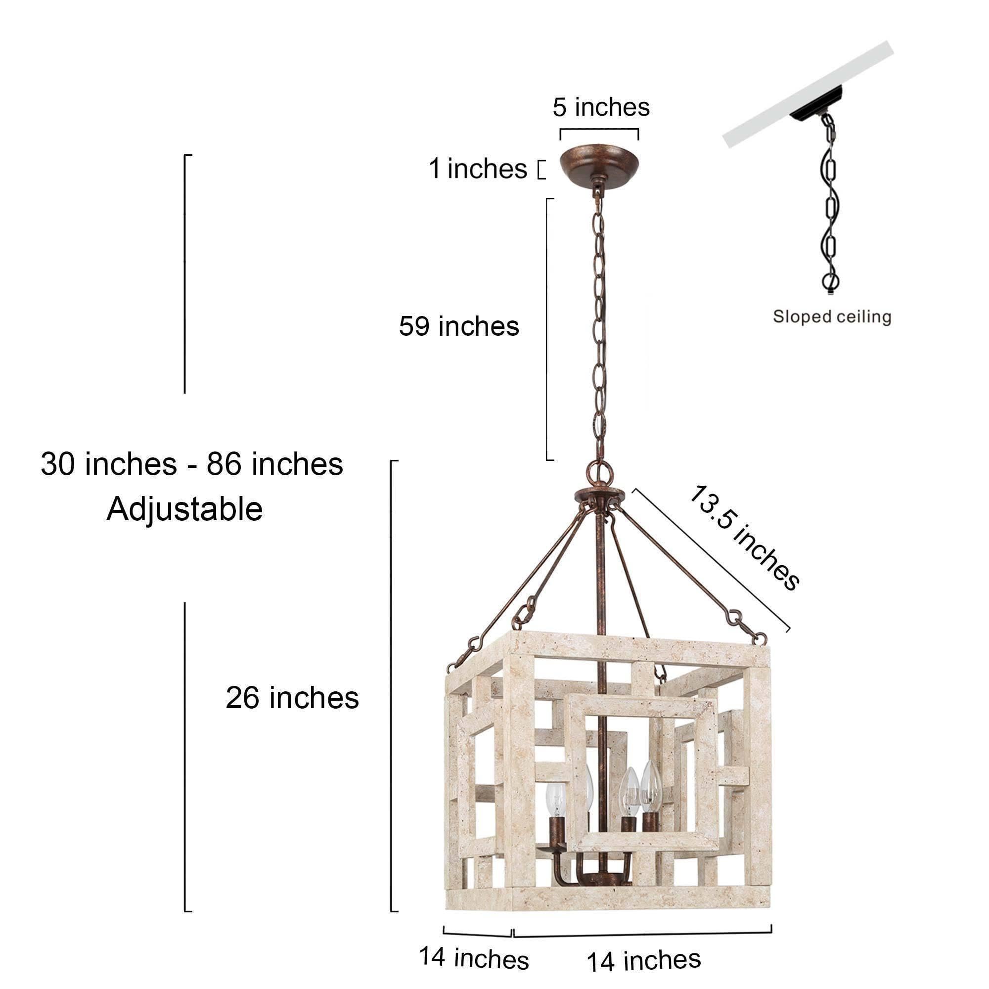 Farmhouse Chandelier, 4-Light Rustic Wood Cage Dining Room Chandelier Over Table, Wooden Square Chandeliers Hanging Light Fixture for Bedrooms, Kitchen Island, Entryway, Foyer