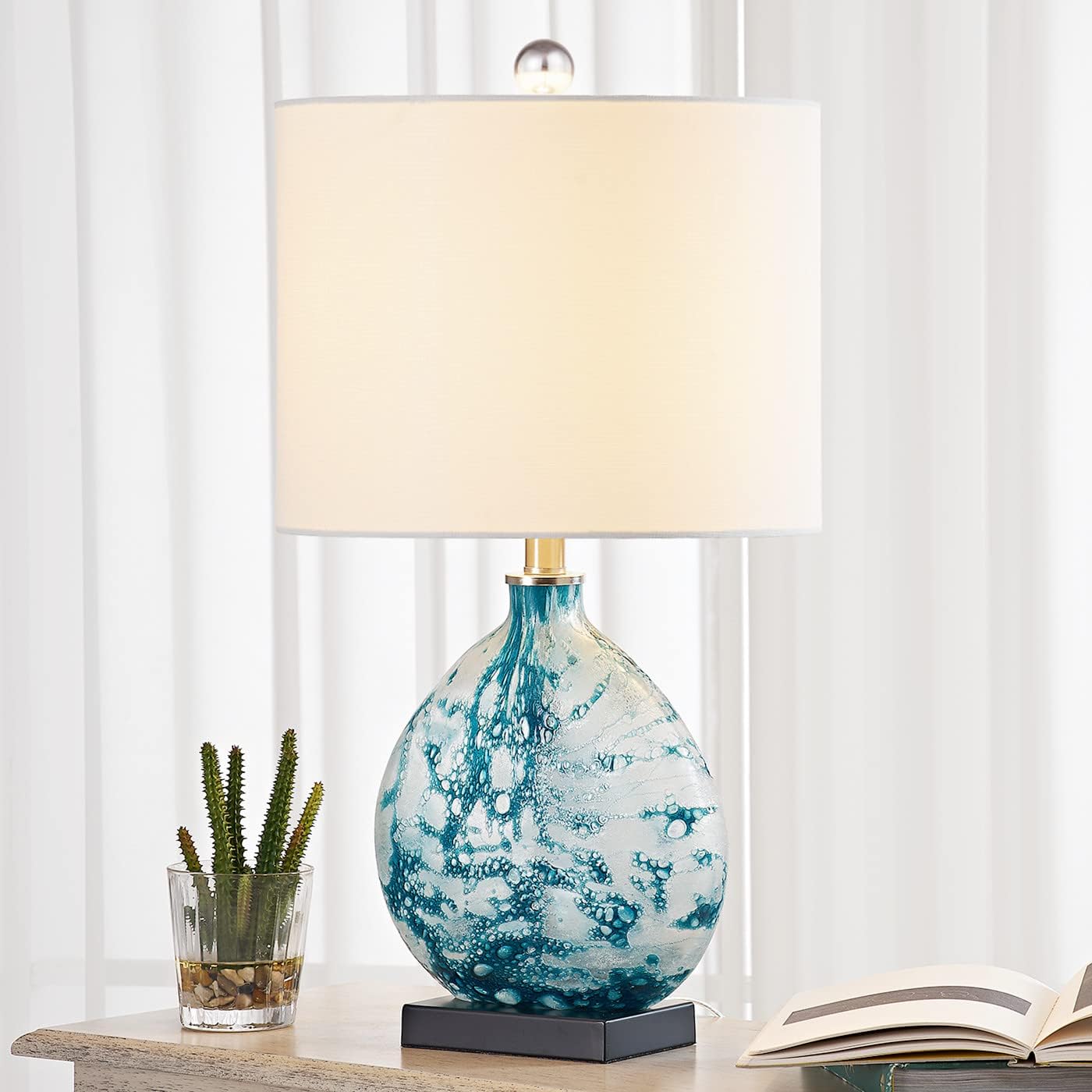 Maxax Coastal Glass Table Lamp, 3-Way Dimmable Blue Glass Bedside Lamp with White Drum Shade for Living Room Bedroom Nightstand