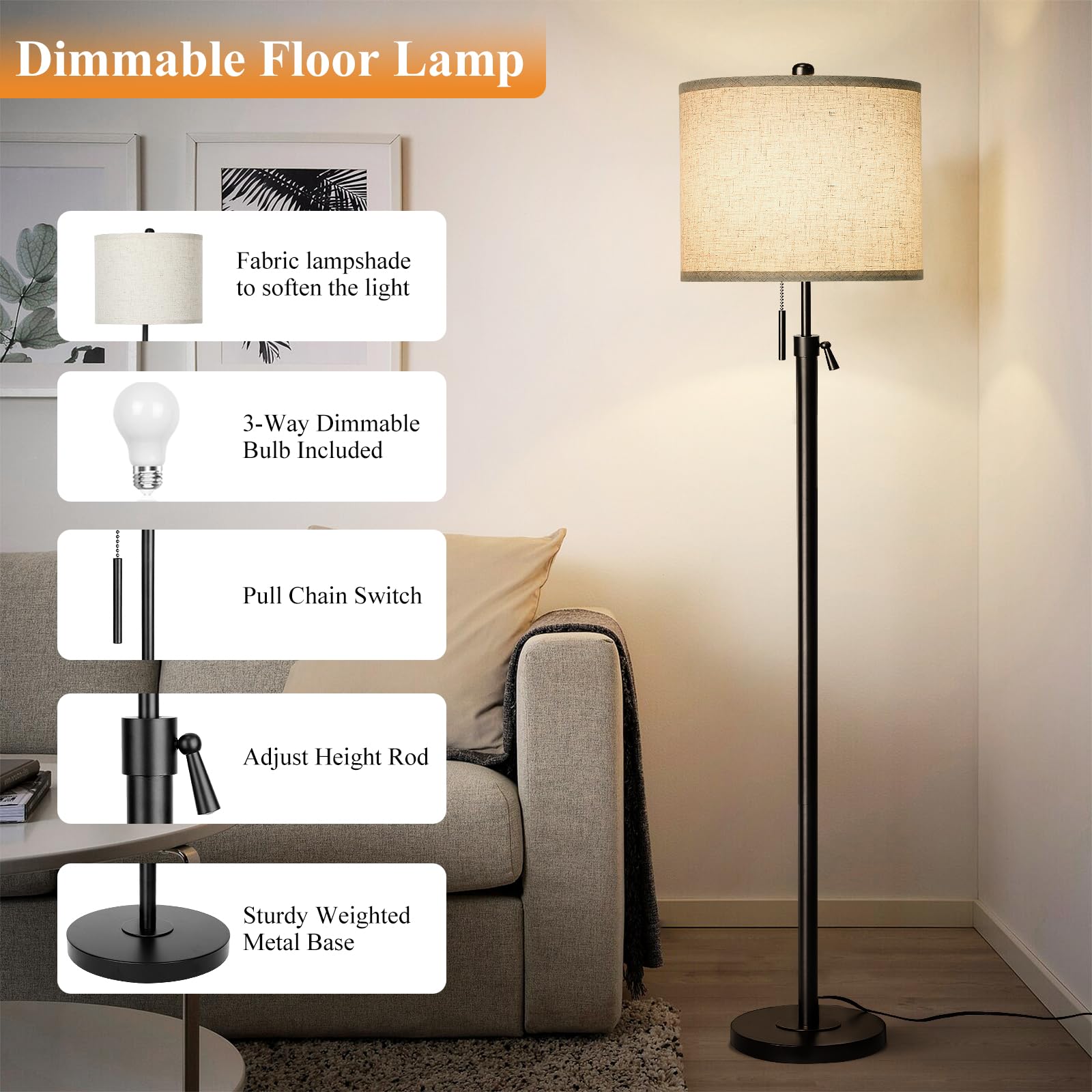 Floor Lamp for Living Room Adjustable Tall Standing Lamp, 3-Way Dimmable Floor Lamp for Bedroom Office, Black Gold Lamp with Marble Base and White Linen Shade, 6W 3000K LED Blub Included