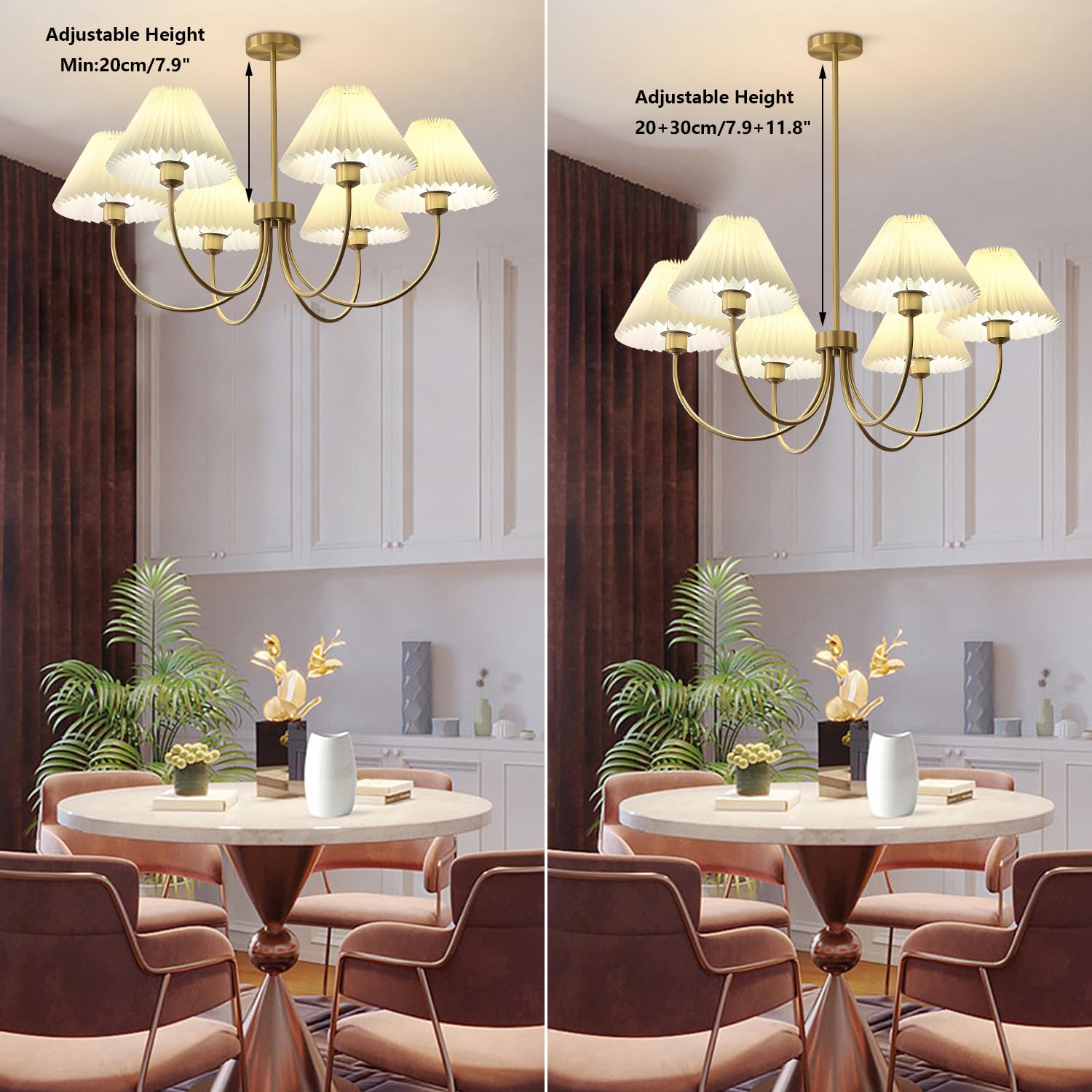 Lighting 3-Lights Pleated Chandelier White Fabric Pendant Light Fixtures Mid Century Modern Gold Sputnik Chandelier Vintage Classic Chandeliers for Dining Room Bedroom