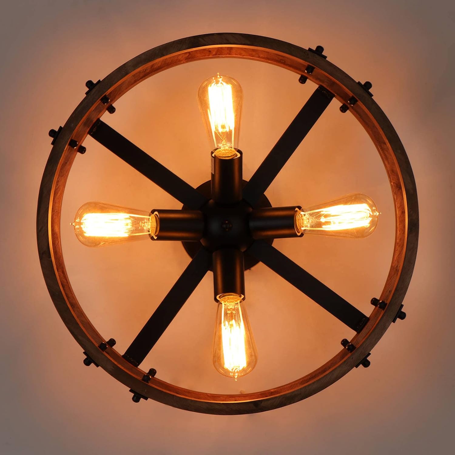 Semi Flush Mount Ceiling Light Fixture, Modern Farmhouse Wood Drum Ceiling Lamp, Rustic Close to Ceiling Lighting for Hallway Entryway Laundry Room Bedroom