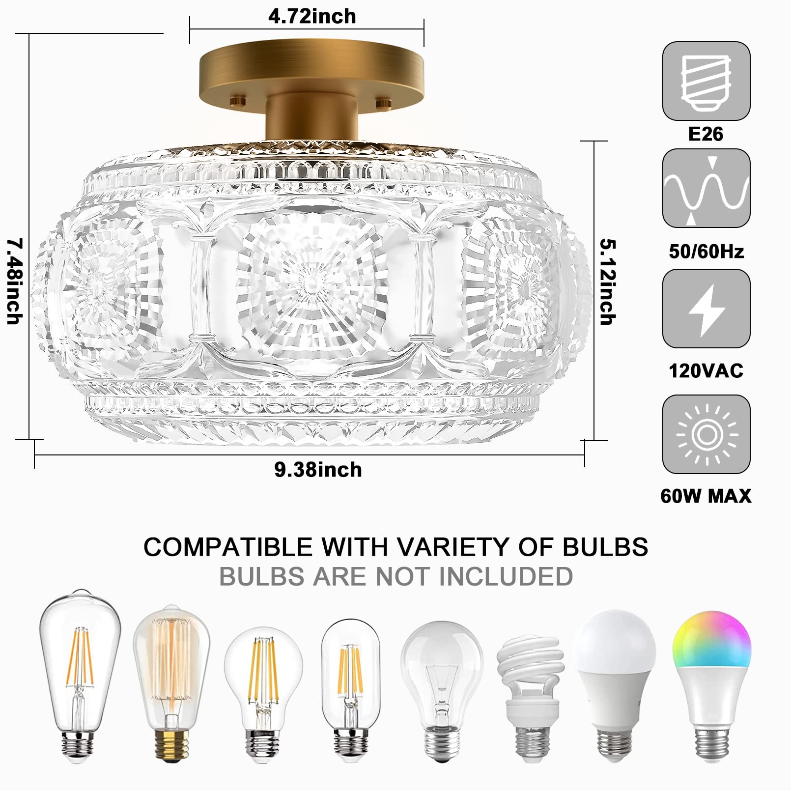 Semi Flush Mount Ceiling Light, Globe Glass Ceiling Light Fixture, Gold Modern Lighting for Hallway Porch Corridor Kitchen Bedroom, Bulb Not Included