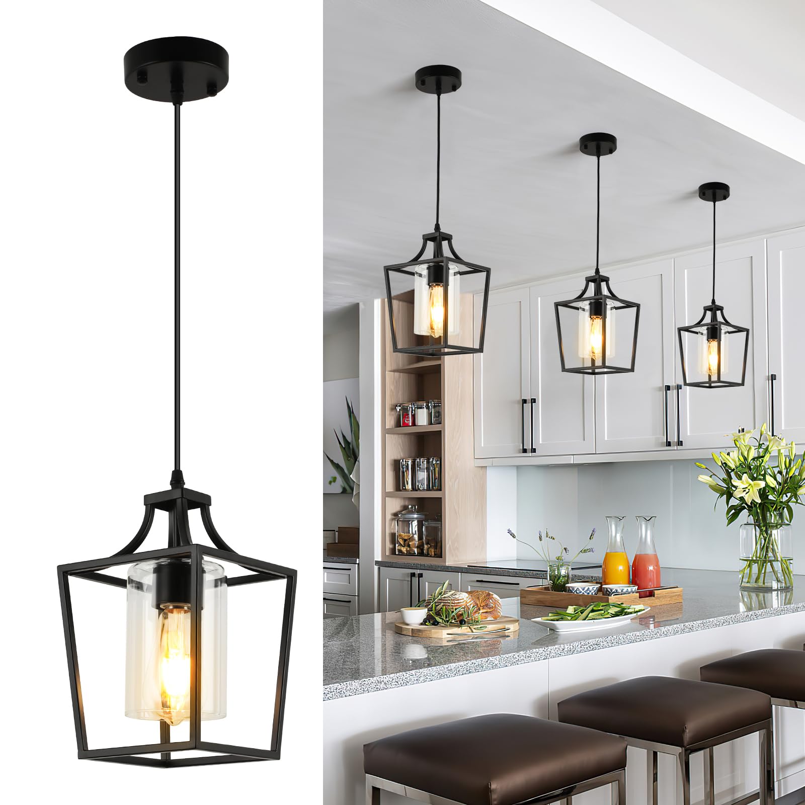 Farmhouse Kitchen Island Lighting Black Pendant Light Fixtures 4-Light Dining Room Lights Wood Chandelier Adjustable Hanging Pendant Lighting for Kitchen Island