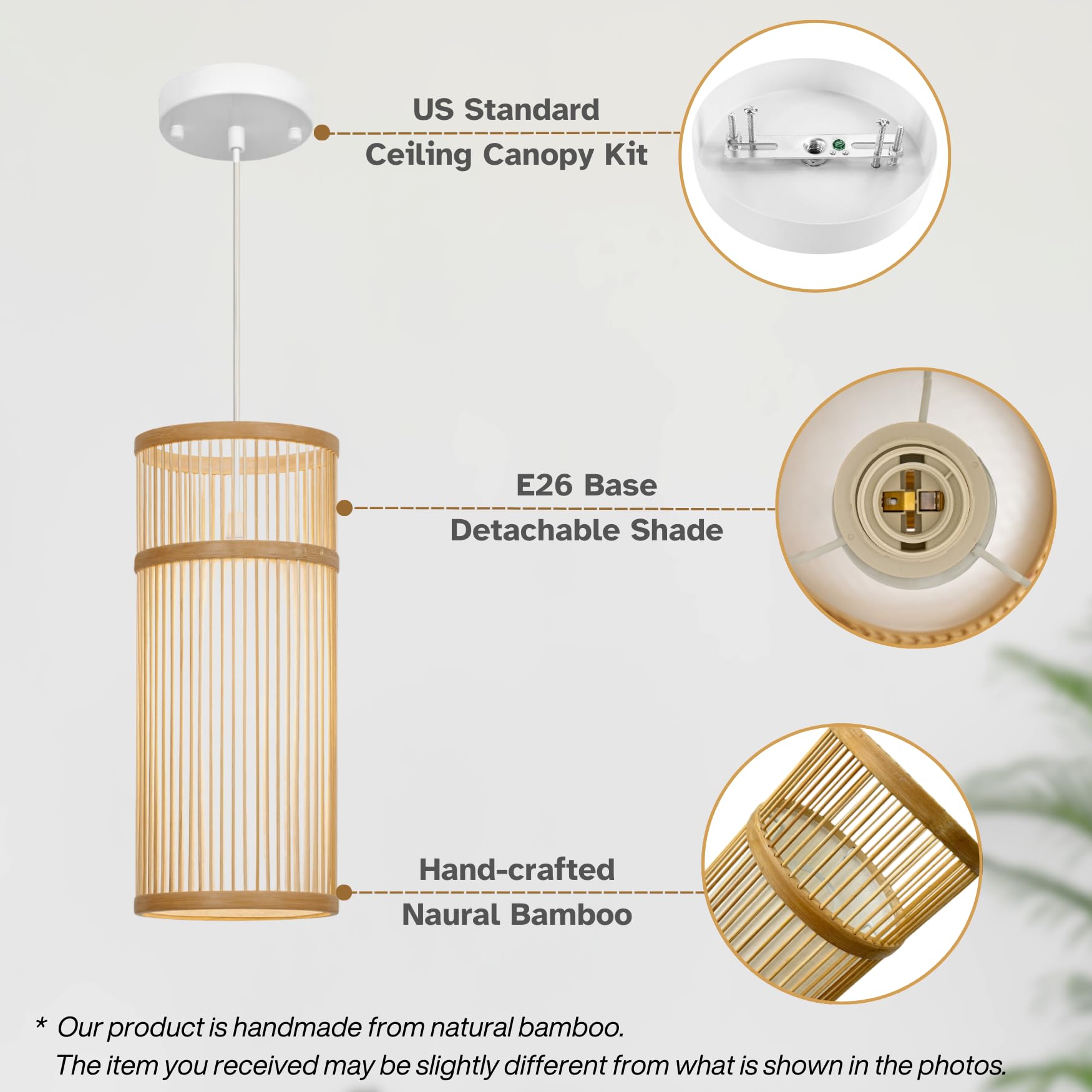 Bamboo Pendant Light - Mini Pendant Lights Bedroom - Natural Elegant Woven Pendant Light; Wood Pendant Light for Home Decor