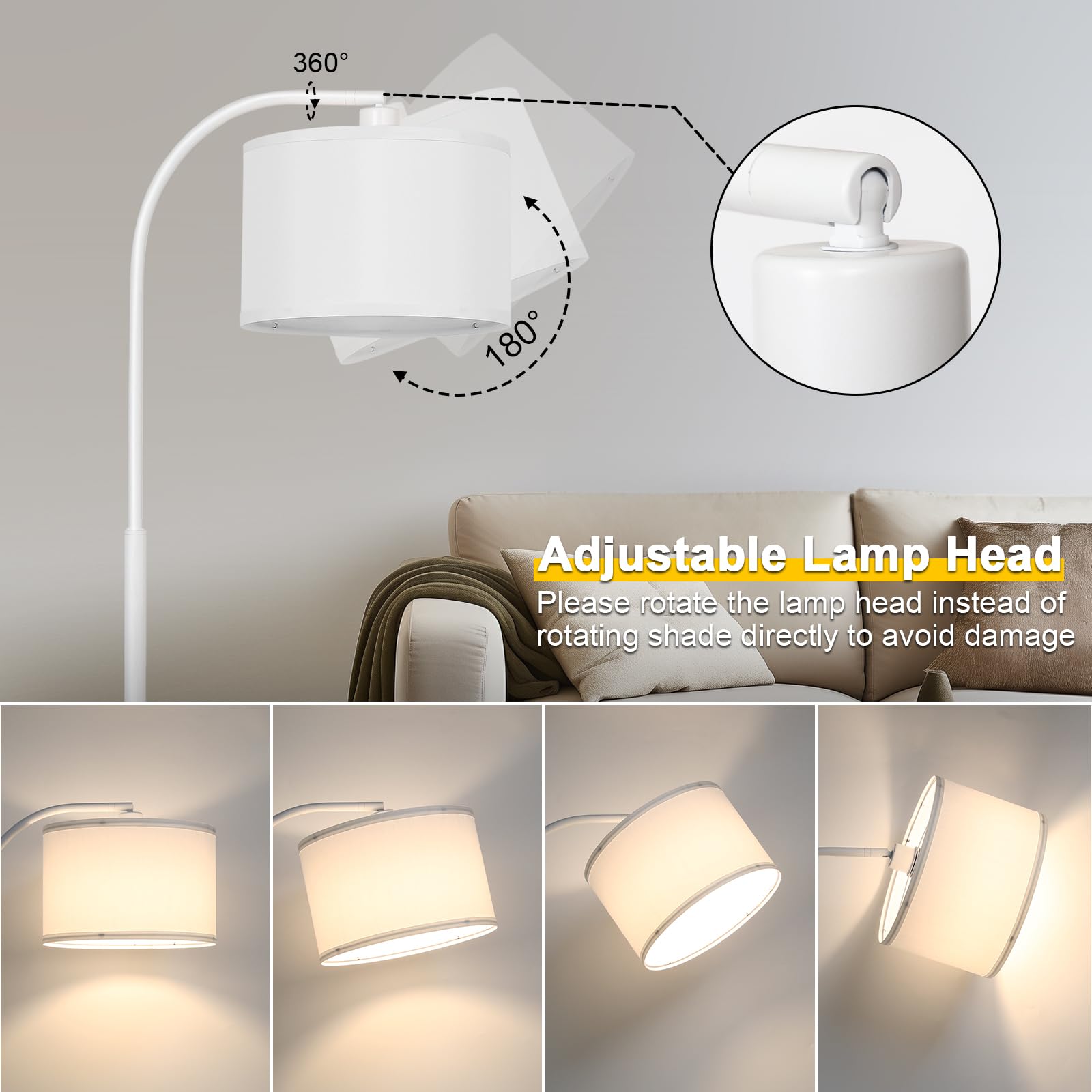 LED Floor Lamp Fully Dimmable Modern Standing Lamp Arc Floor Lamp with Adjustable Drum Shade, Gold Tall Pole Reading Lamp Corner Light for Living Room Bedroom Study Room, Bulb Included