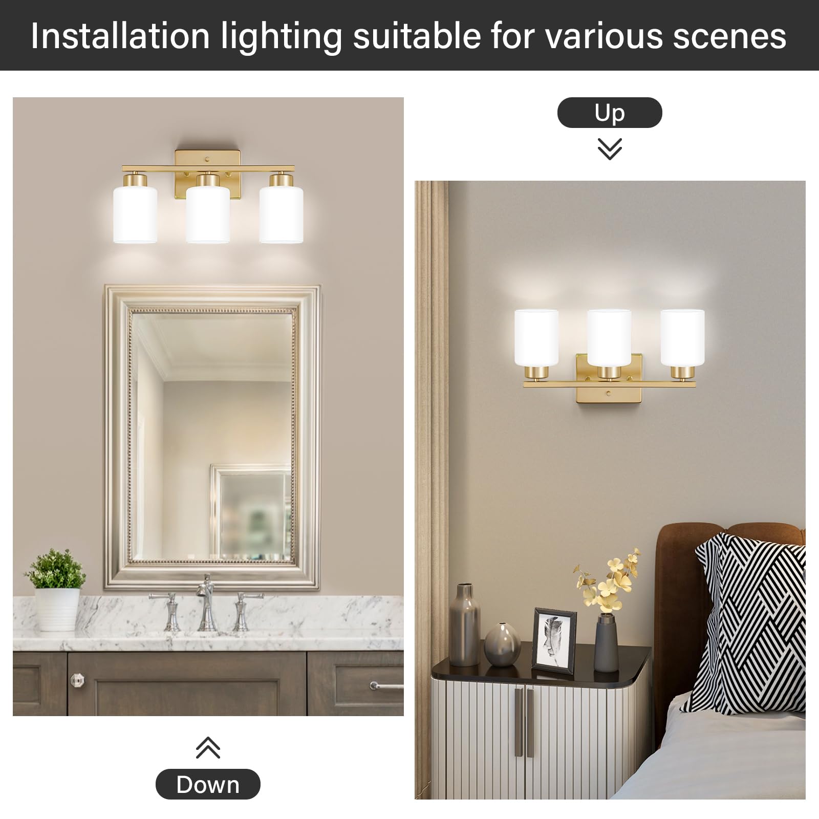 Brushed Nickel Bathroom Light Fixtures, 3-Light Modern Vanity Light Over Mirror, Wall Sconces with Milky White Frosted Glass Shades, E26 Socket (Bulbs Not Included)