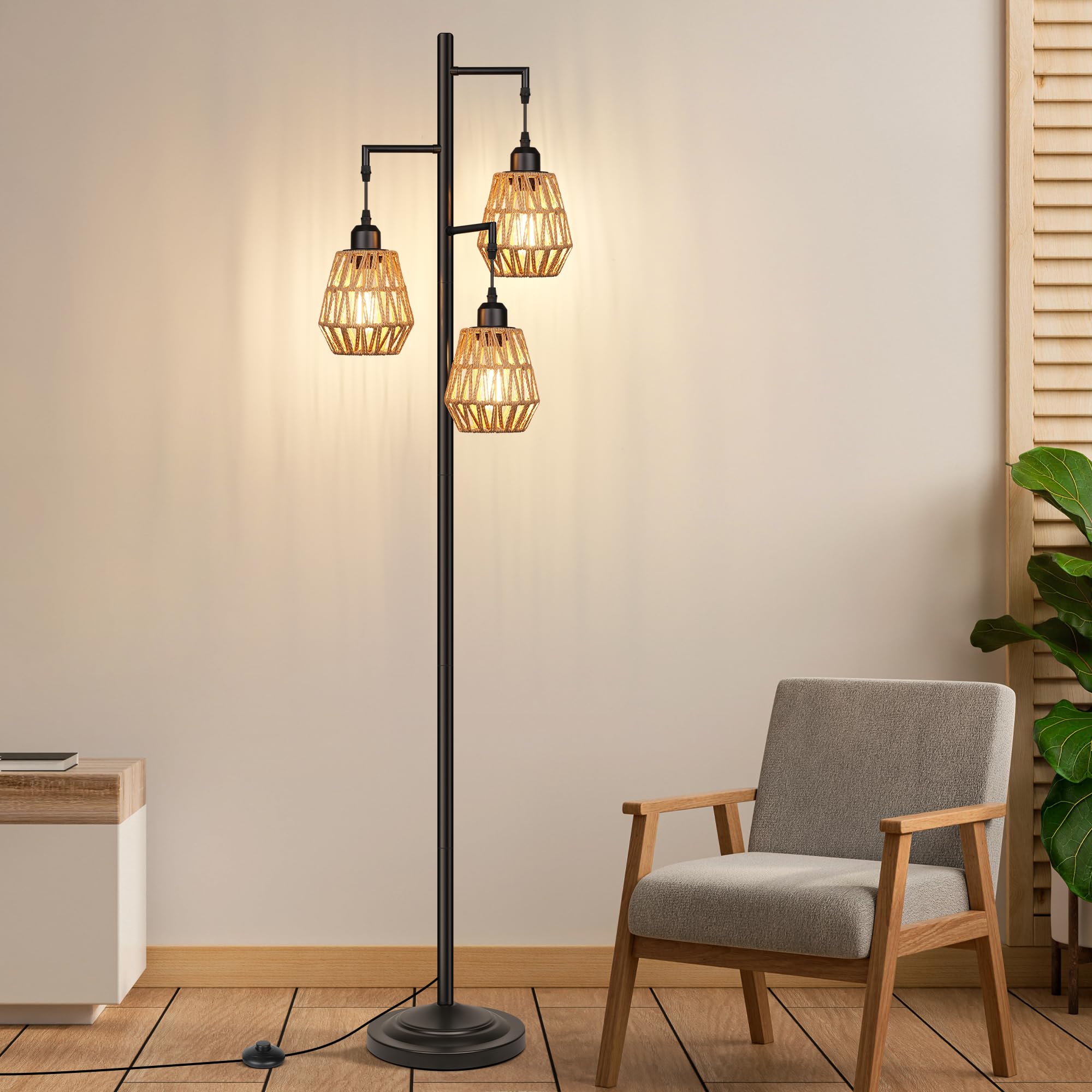 Industrial Floor Lamps for Living Room, Tree Standing Lamp with 3 Teardrop Cage Shades, 68" Modern Tall Lamps for Bedroom Office Home Light Decor, E26 Socket, Pedal Switch, Brass Gold