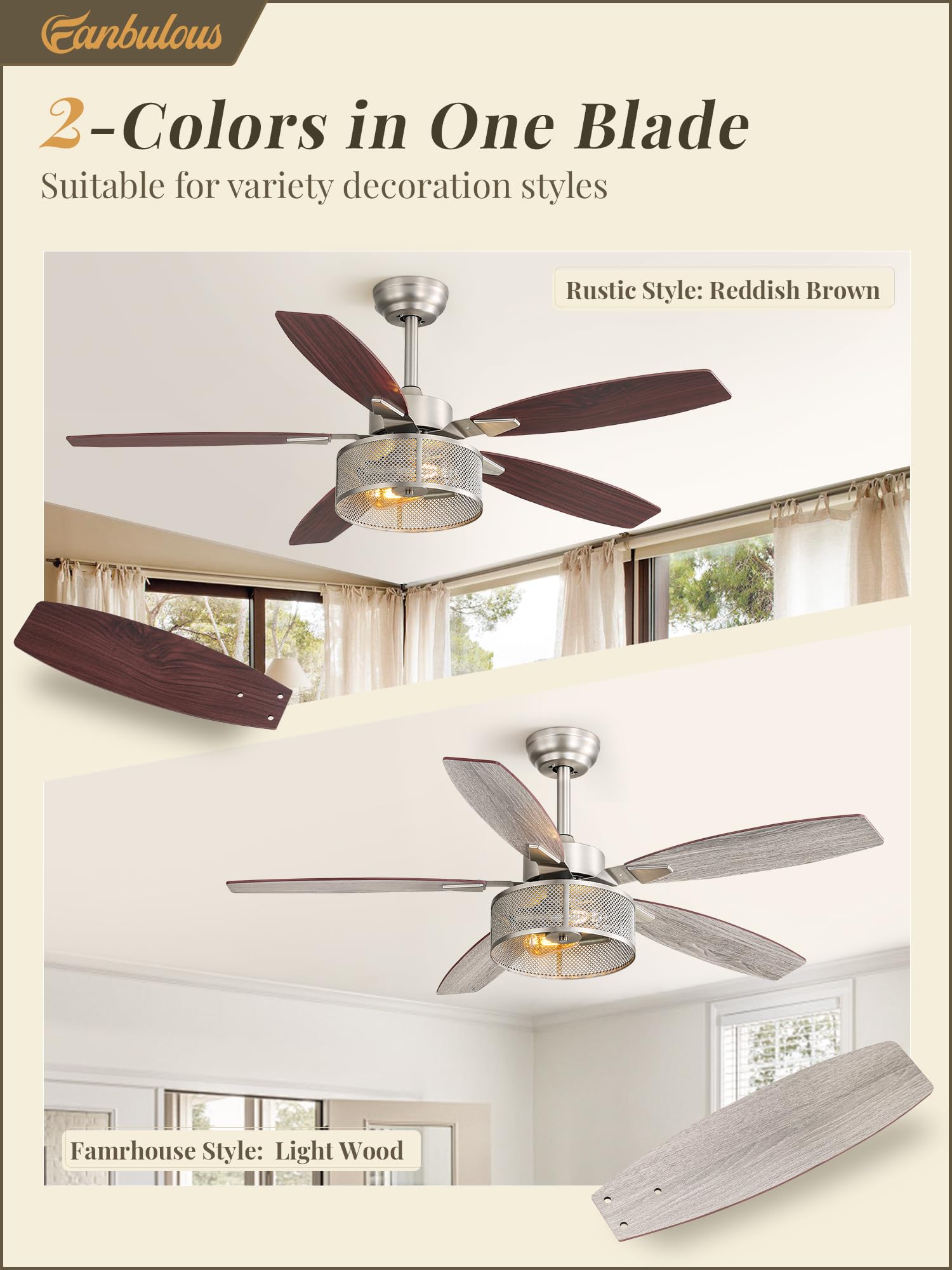 Farmhouse Ceiling Fans with Lights and Remote, 52 Inch Black Industrial Caged Ceiling Fans for Bedroom Living Room Kitchen, 6 Speed Reversible Quiet DC Motor, Dual Finish 5 Blades