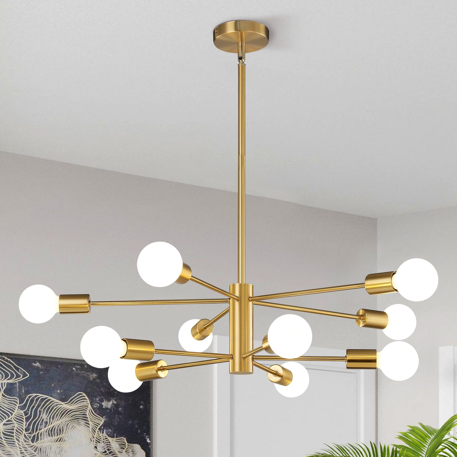 Sputnik Chandelier Modern Gold Chandelier 6-Light E26 Mid Century Ceiling Light Fixture Height Adjustable Hanging Pendant Lighting for Dining Room Kitchen Island Bedroom Office