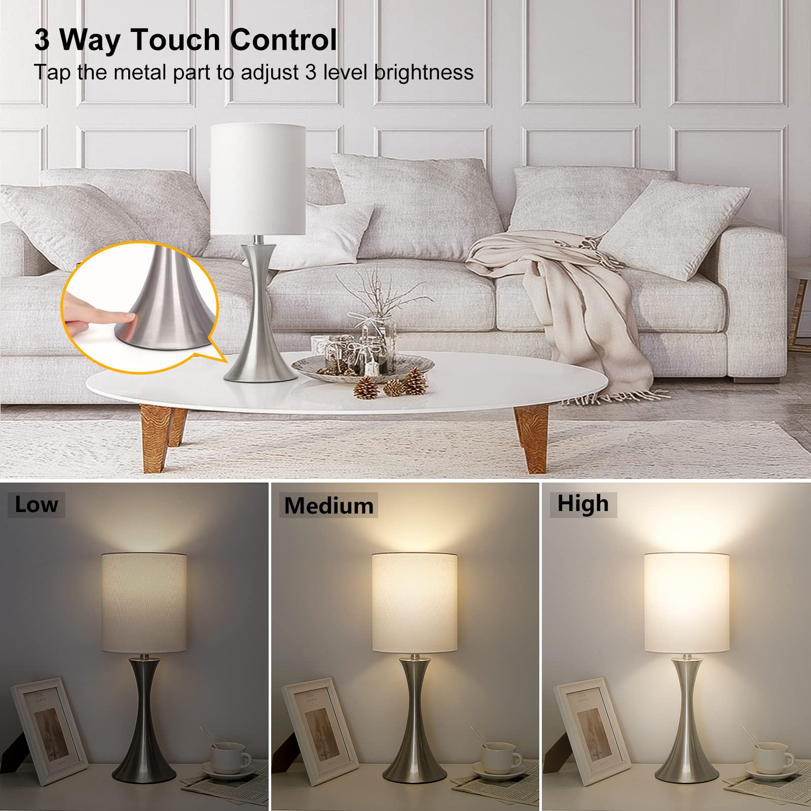 3 Way Touch Control Table Lamp, Dimmable Bedside Desk Lamp with Metal Base Modern Nightstand Lamp Stylish Grey Shade Simple Side Table Lamp for Bedroom, Living Room, Office or Den LED Bulb Included