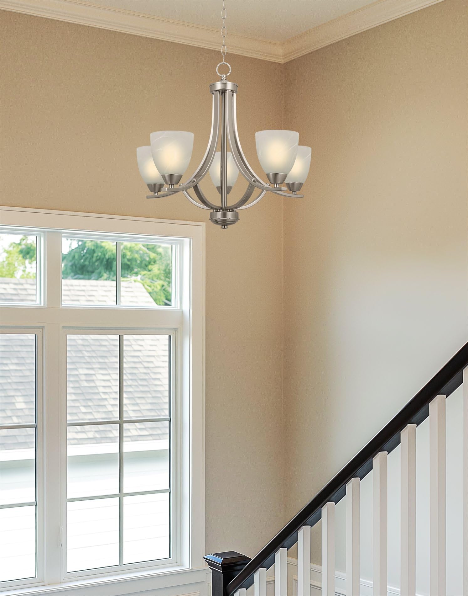 24" Contemporary 5-Light Large Chandelier + Alabaster Glass Shades, Adjustable Chain, Brushed Nickel Finish