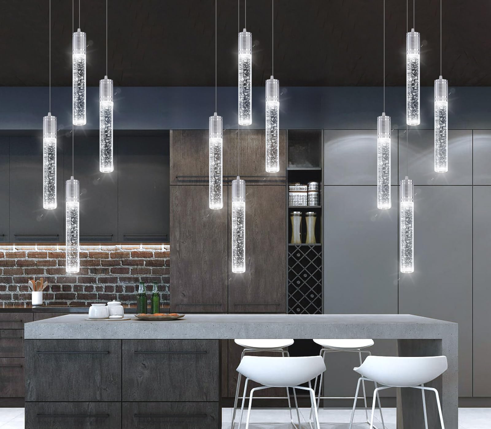 3 Lights Independent Kitchen Island Dining Room Light Pendant Light Fixtures Bubble Crystal Chandeliers Modern Kitchen Island Lighting Chandeliers Fixtures LED Lampara, 6000K LED Bulbs Included