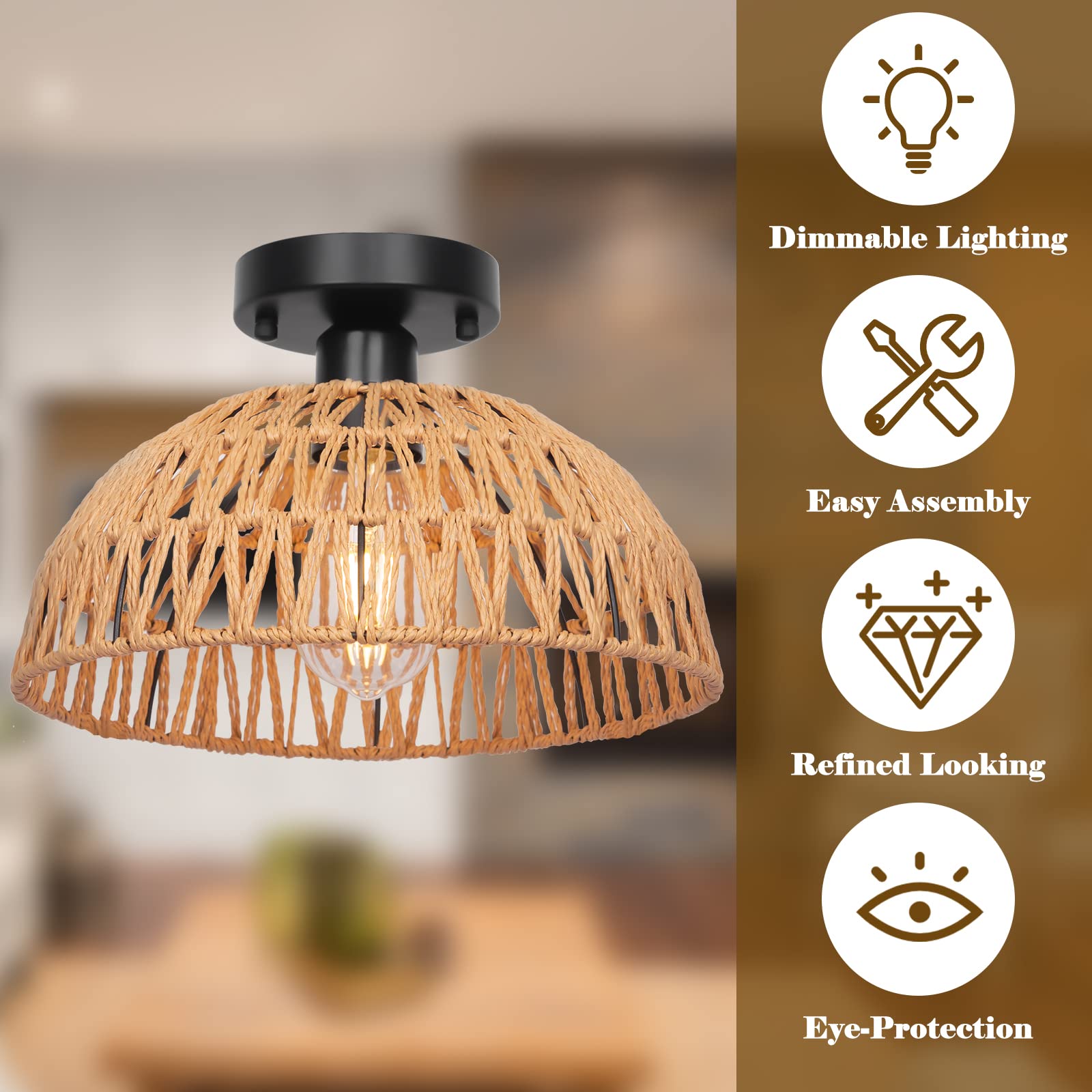 Rattan Pendant Light Fixtures 2 Packs, Boho Woven Basket Pendant Light, Handmade Wicker Hanging Lamp, Rattan Chandelier for Kitchen Island, Dining Room, Living Room, Bedroom, E26 Base