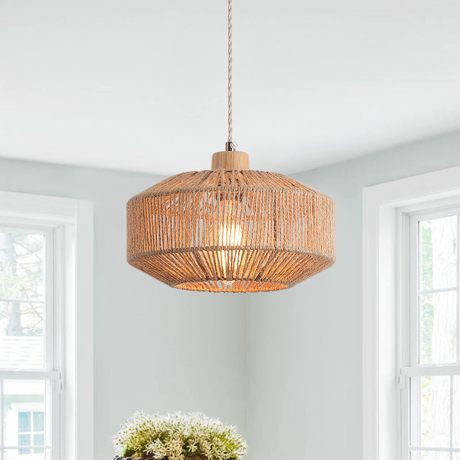 Coastal Large Woven Pendant Light Fixture 17.8 inch One-Light Adjustable Natural Hemp Rope Cage Pendant Lighting for Kitchen Island Dining Room Living Room Farmhouse