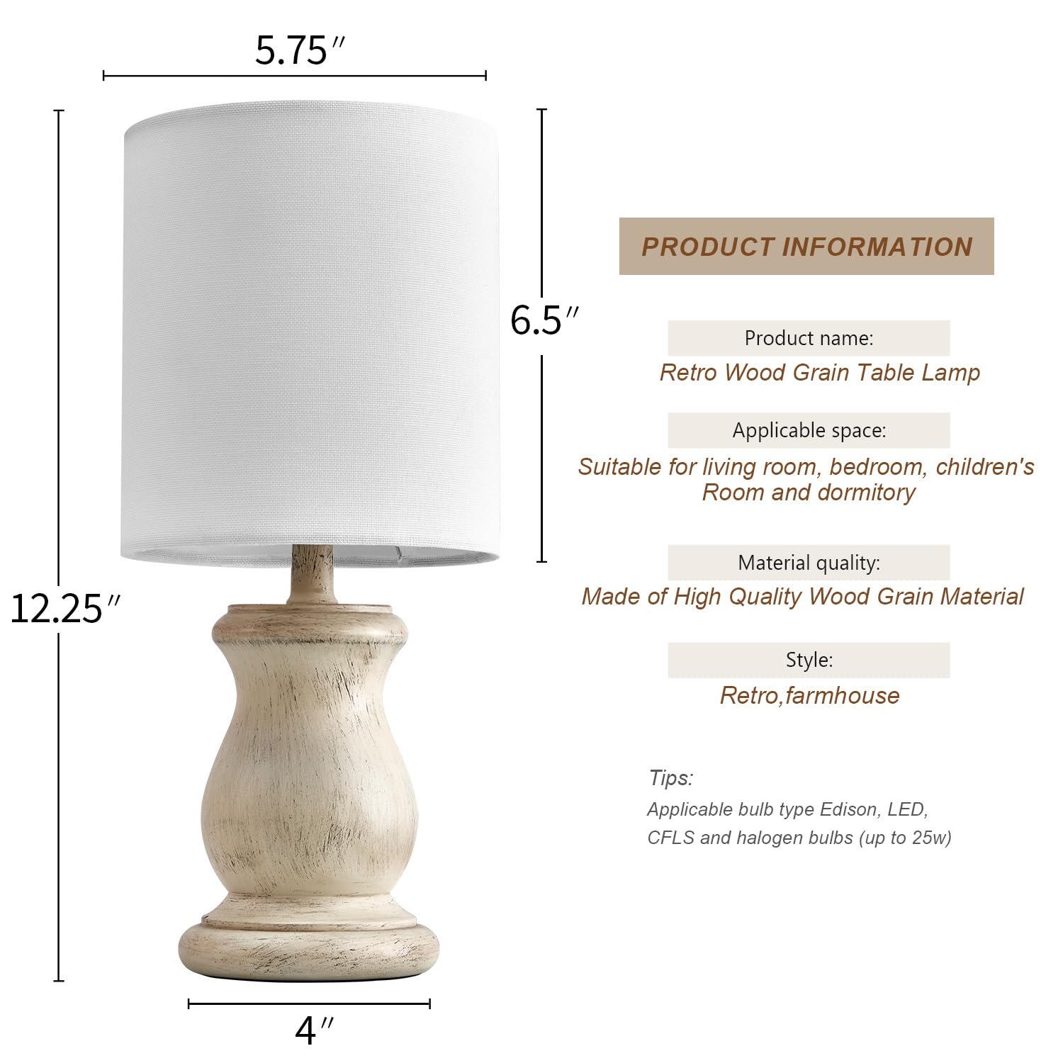 12.25" Small Table Lamp for Bedroom Living Room Simple Retro Wood Grain Farmhouse Bedside Lamps Suitable for Nightstand Children's Room or University Dormitory