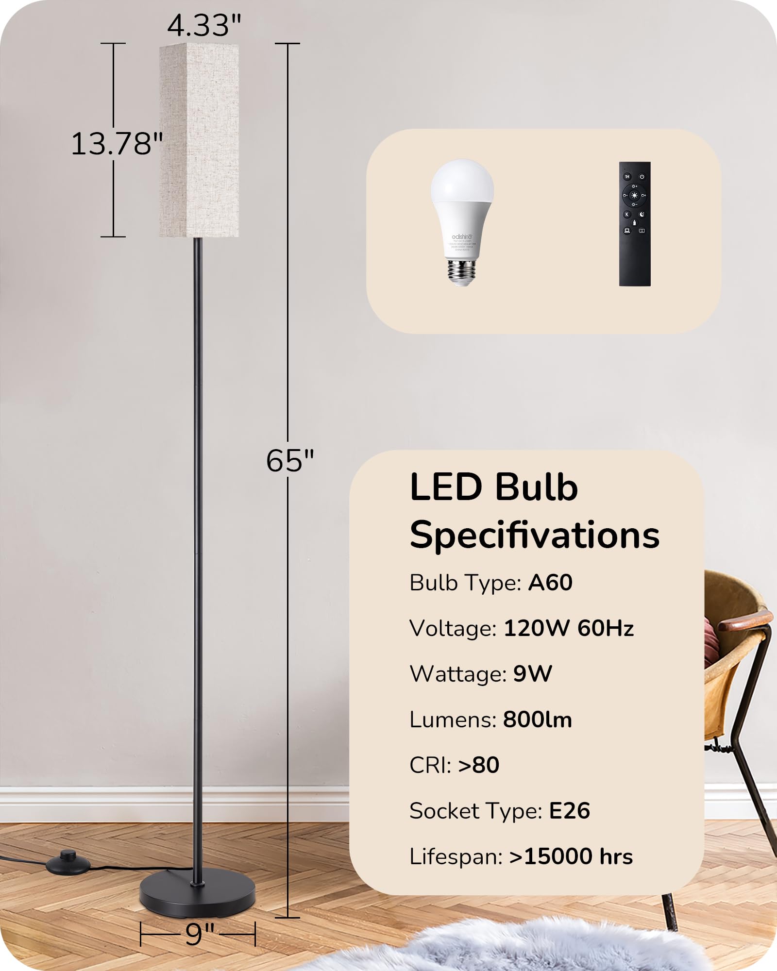 EDISHINE Modern Corner Floor Lamp with Remote, Stepless Dimmable Minimalist Reading Lamp, 65" Tall Pole Lamp for Living Room, Bedroom, Office, 9W LED Bulb Included (Gold)